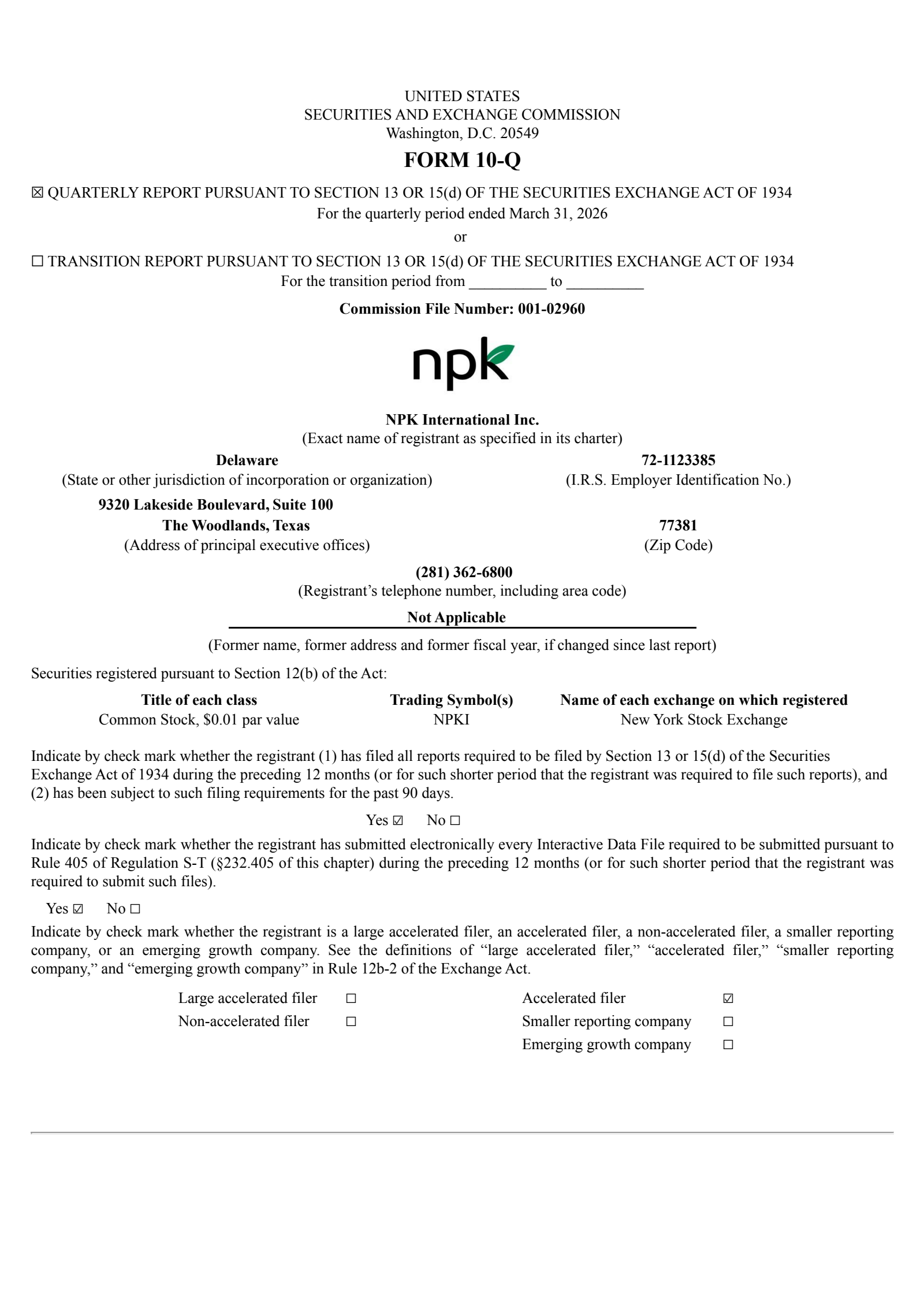 NPK International's Q1 2026 Quarterly report