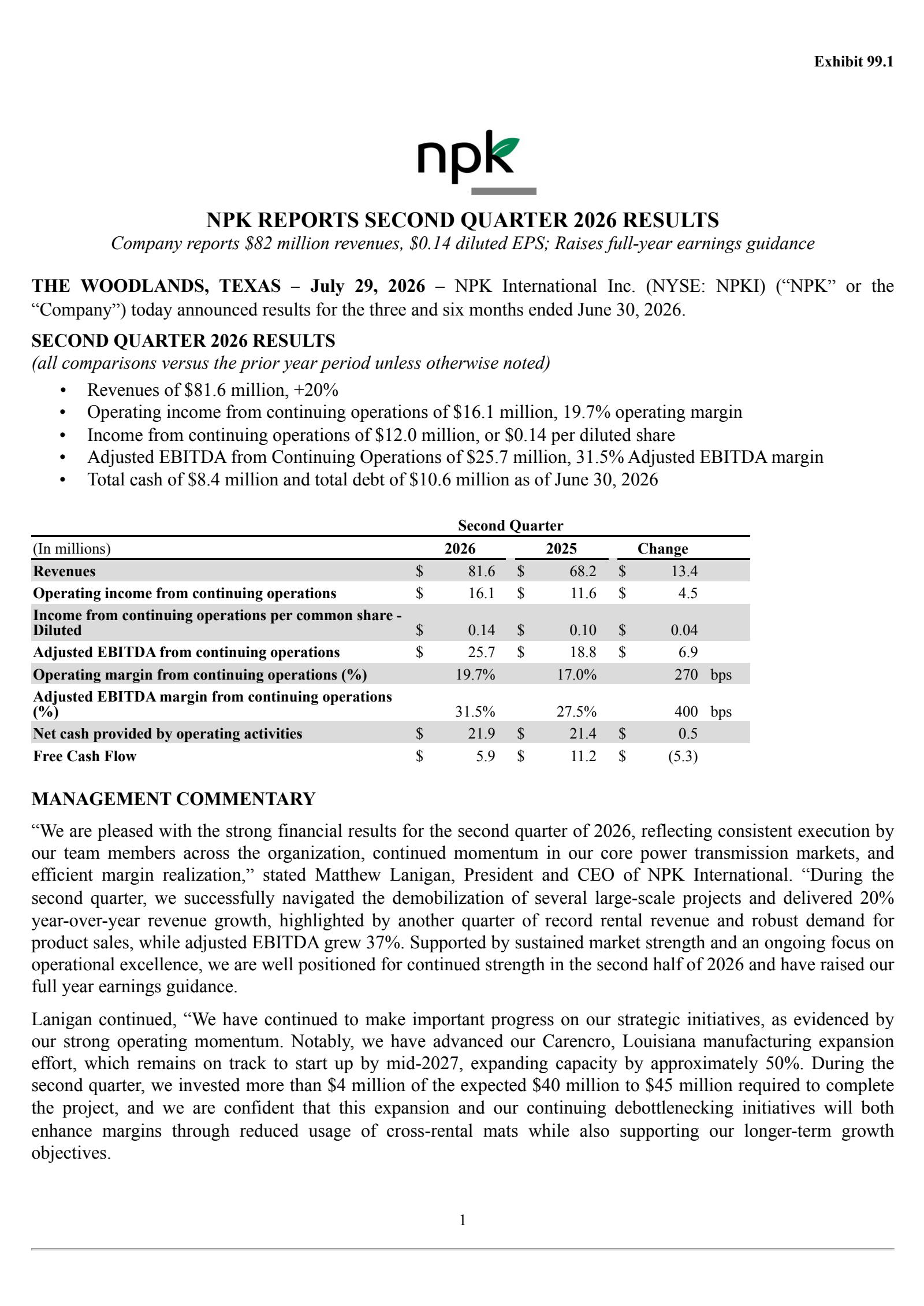 NPK International's Q2 2026 Press Release