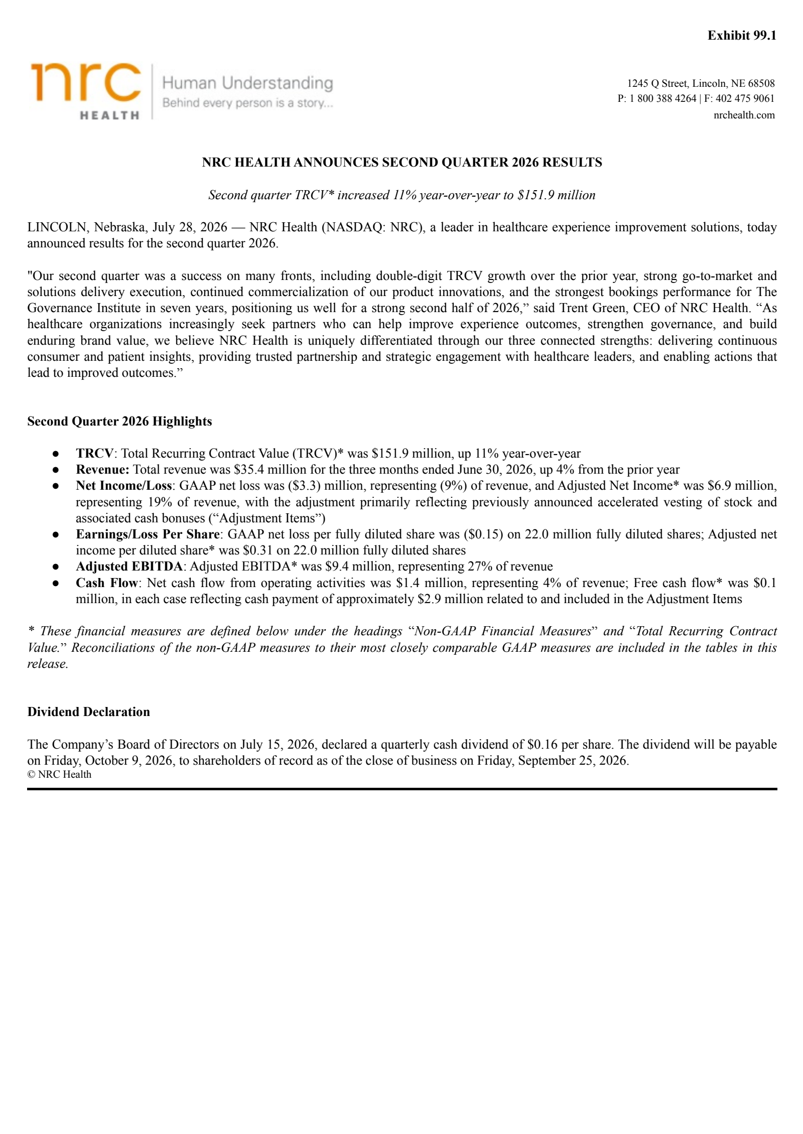 National Research's Q2 2026 Press Release