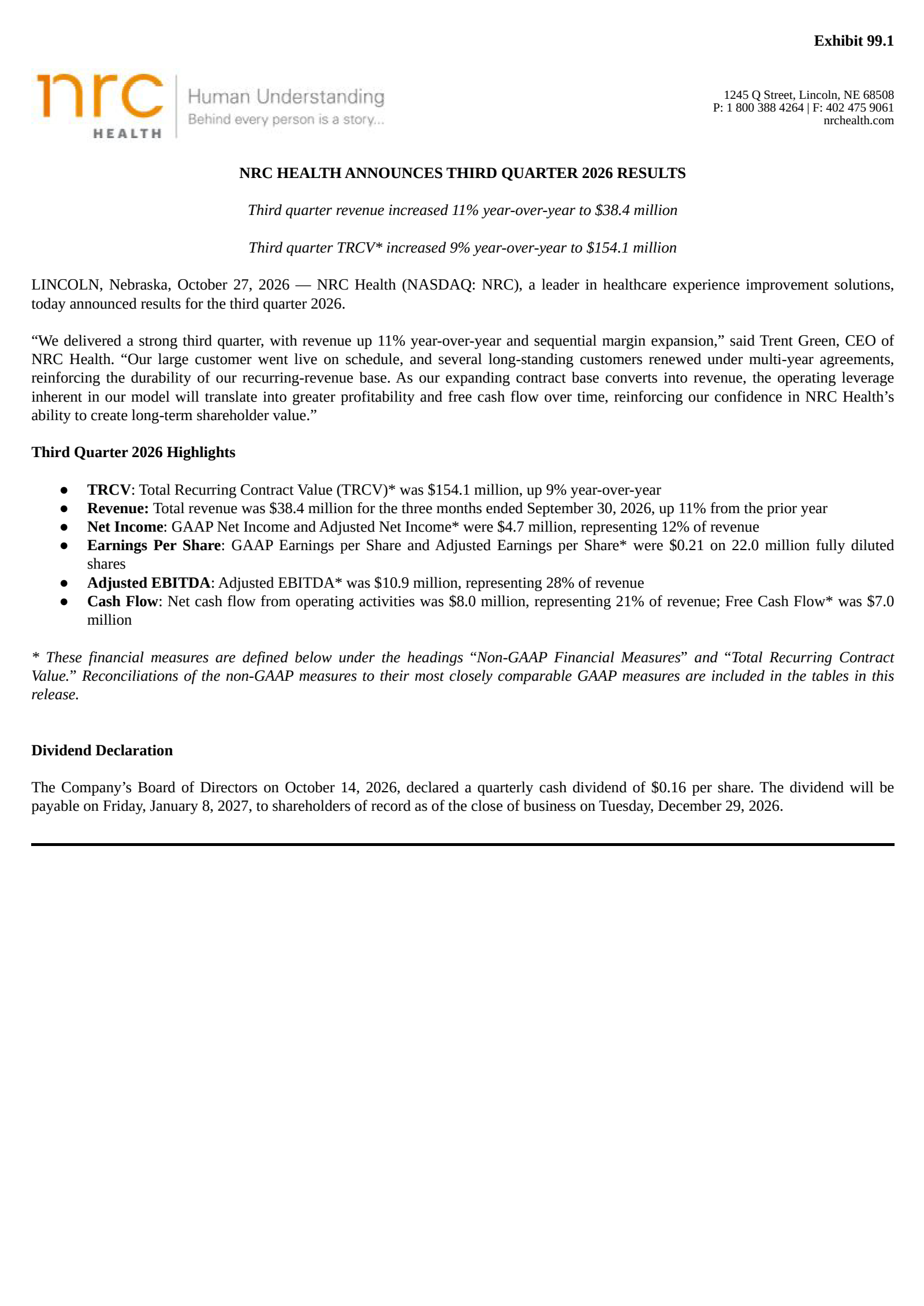National Research's Q3 2026 Press Release