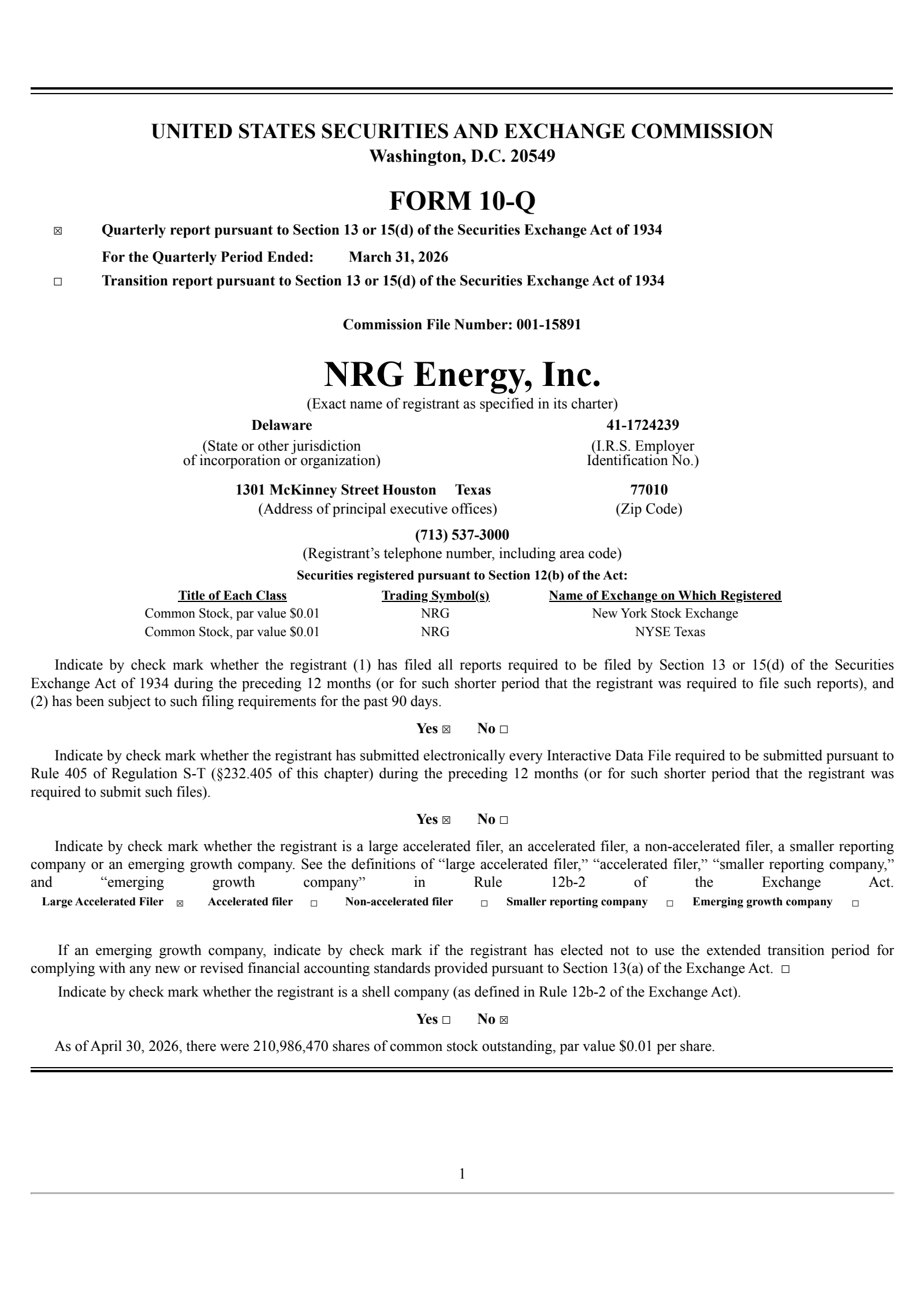 NRG Energy's Q1 2026 Quarterly report