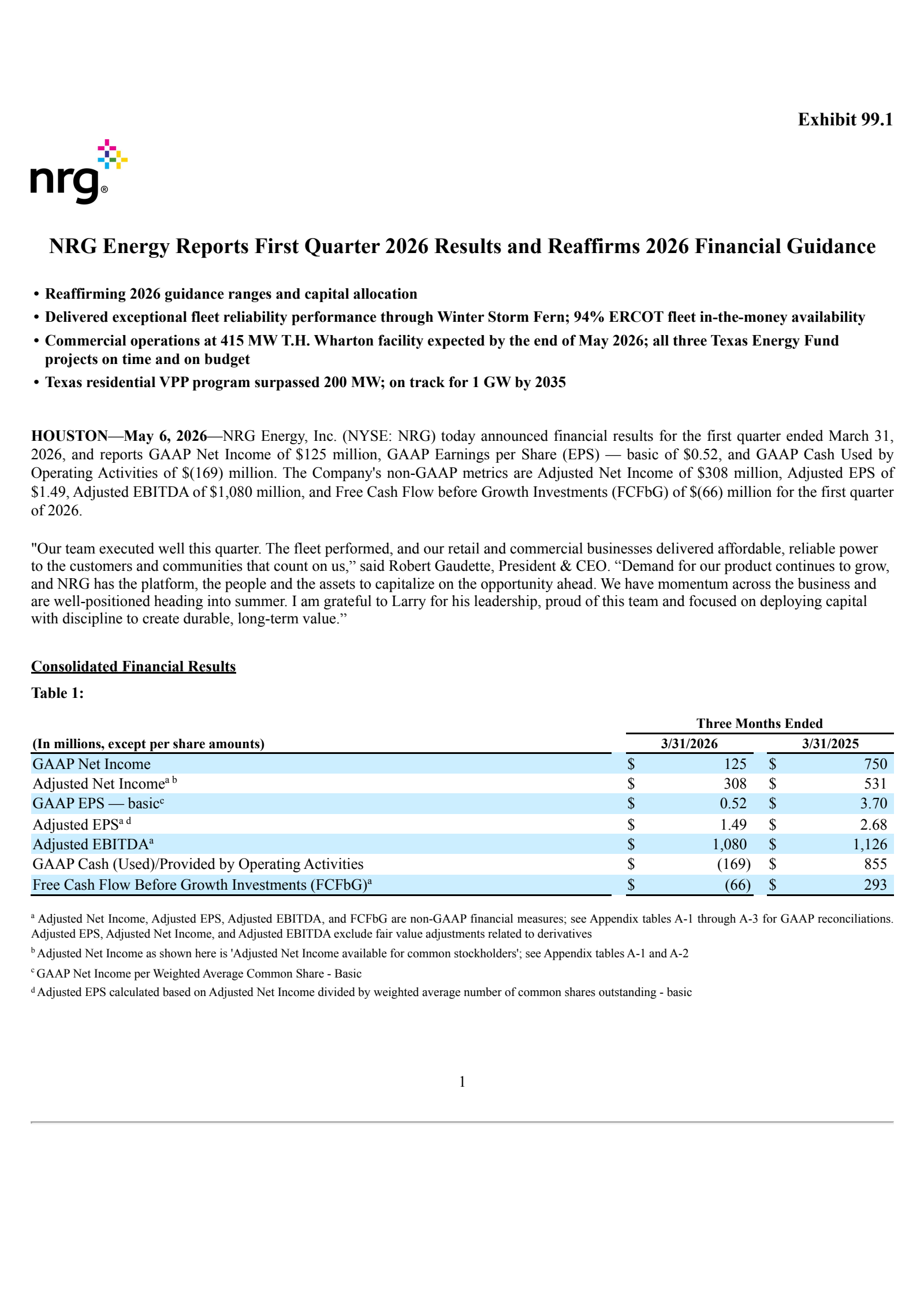 NRG Energy's Q1 2026 Press Release