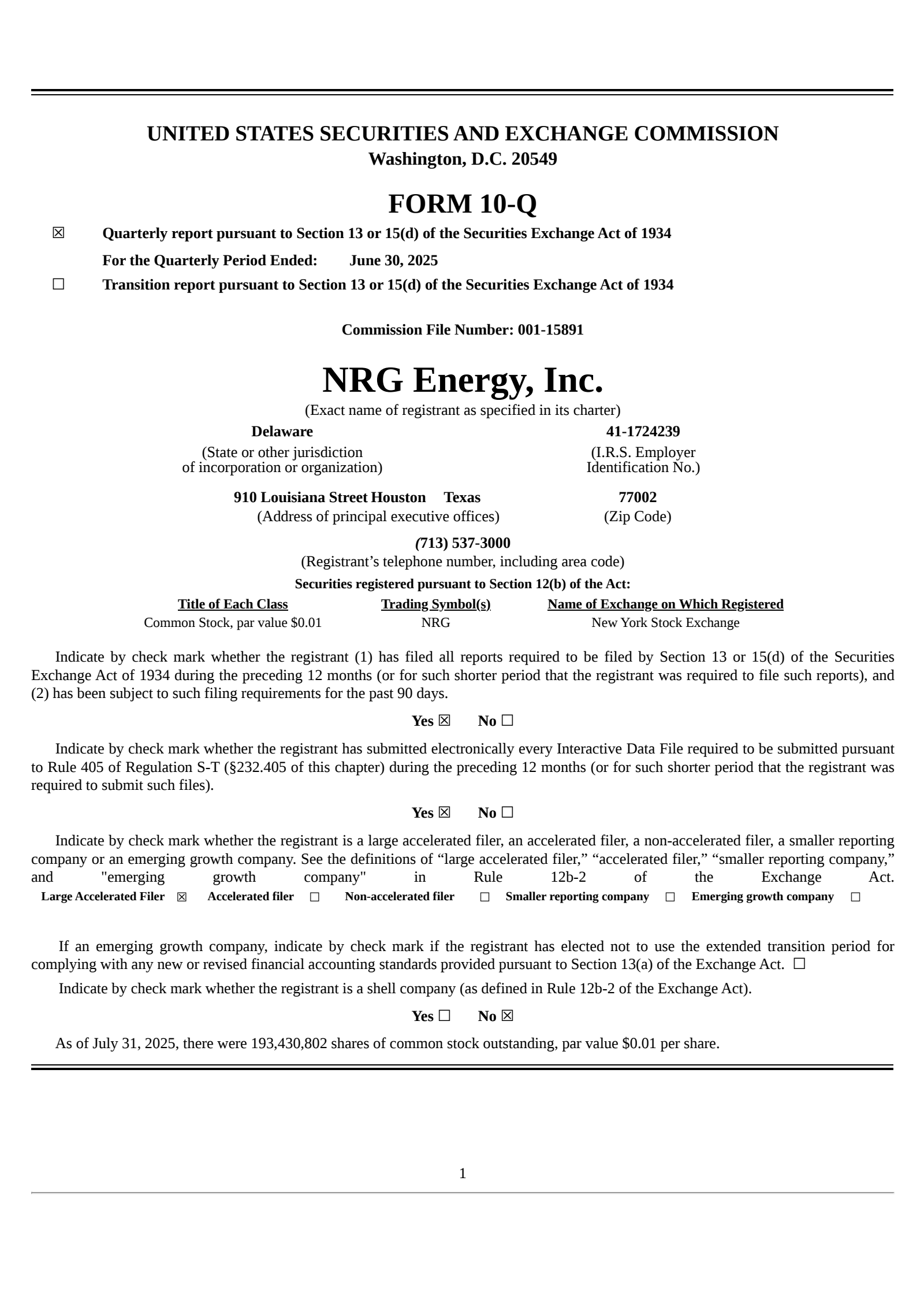 NRG Energy's Q2 2025 Quarterly report