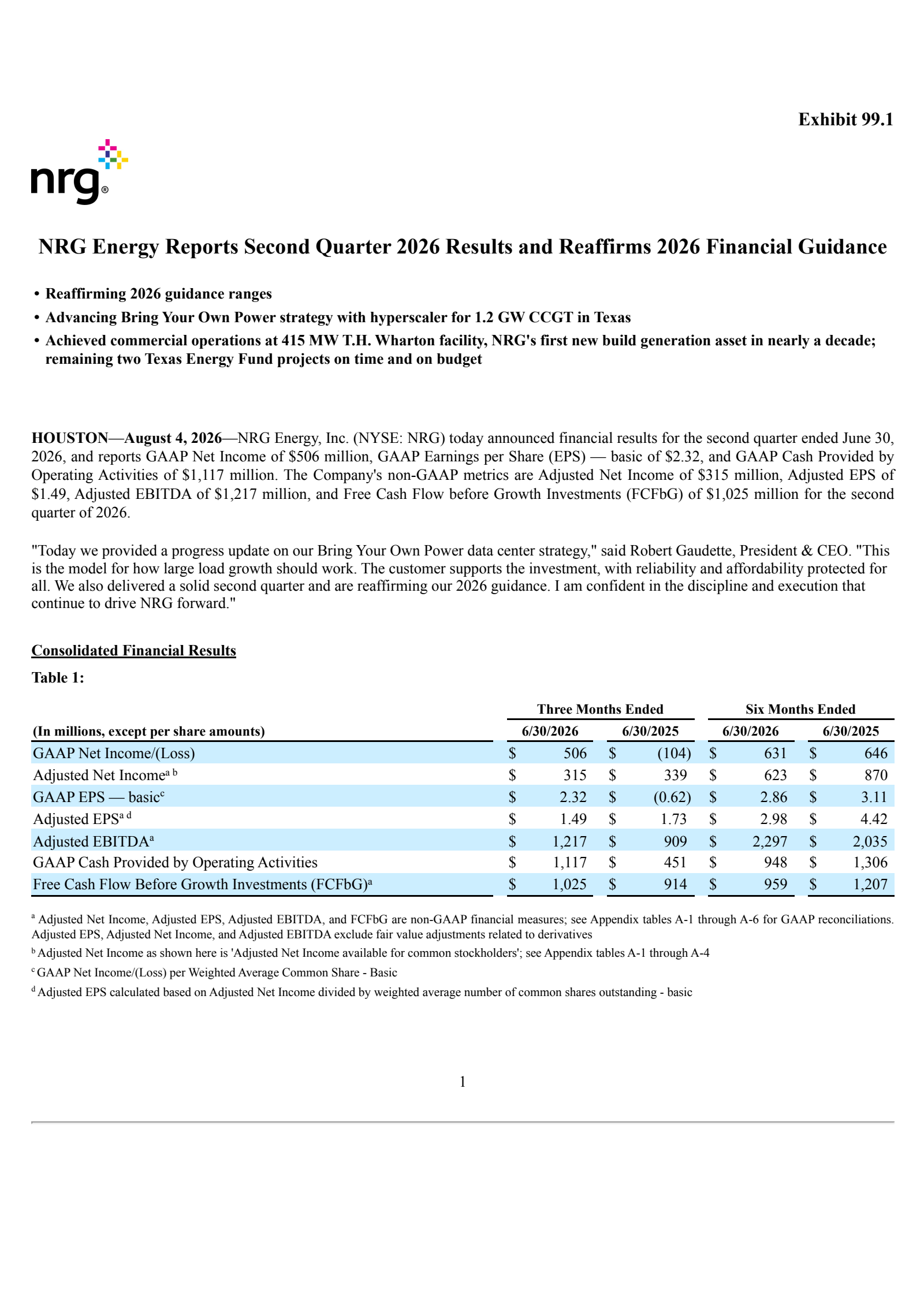 NRG Energy's Q2 2026 Press Release