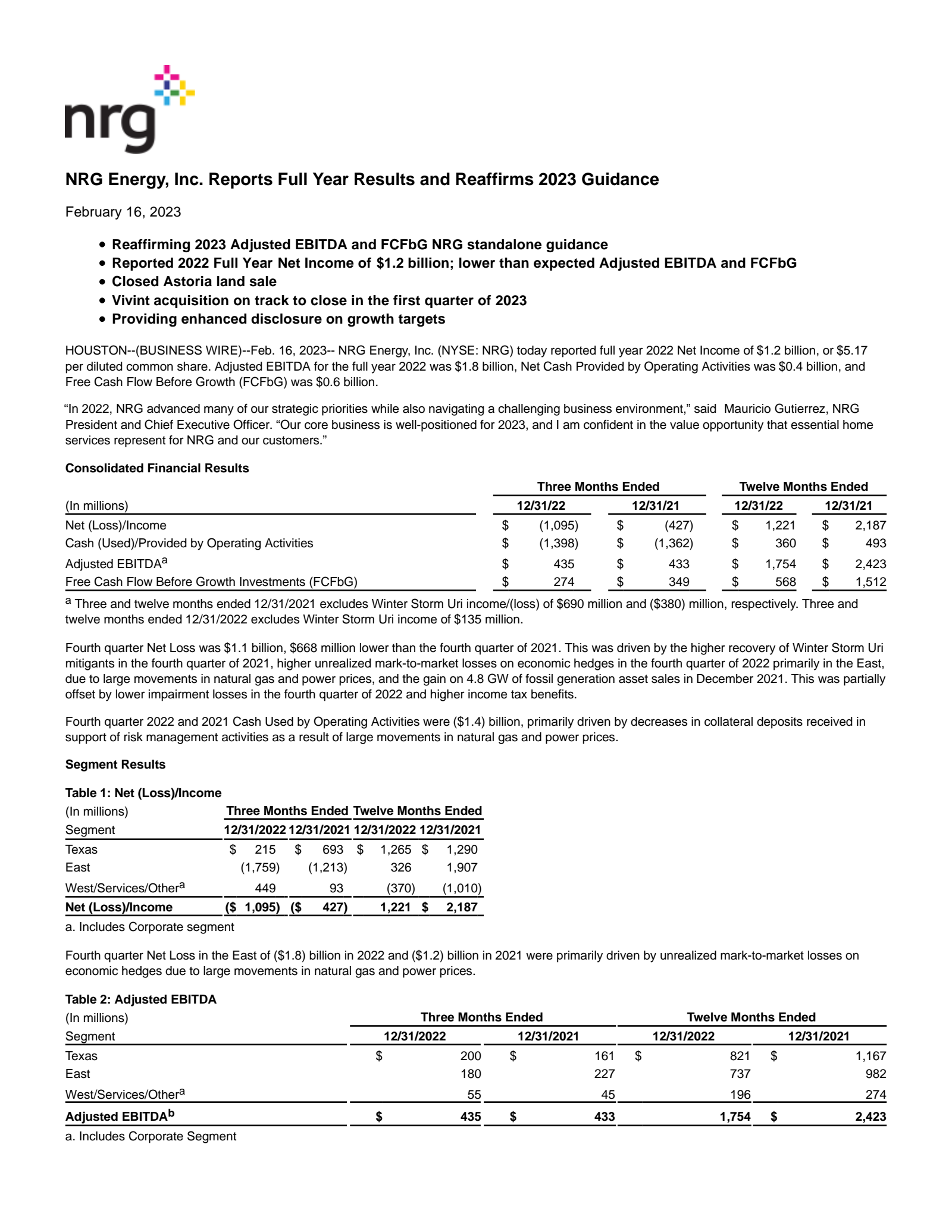 NRG Energy's Q4 2022 Earnings Release