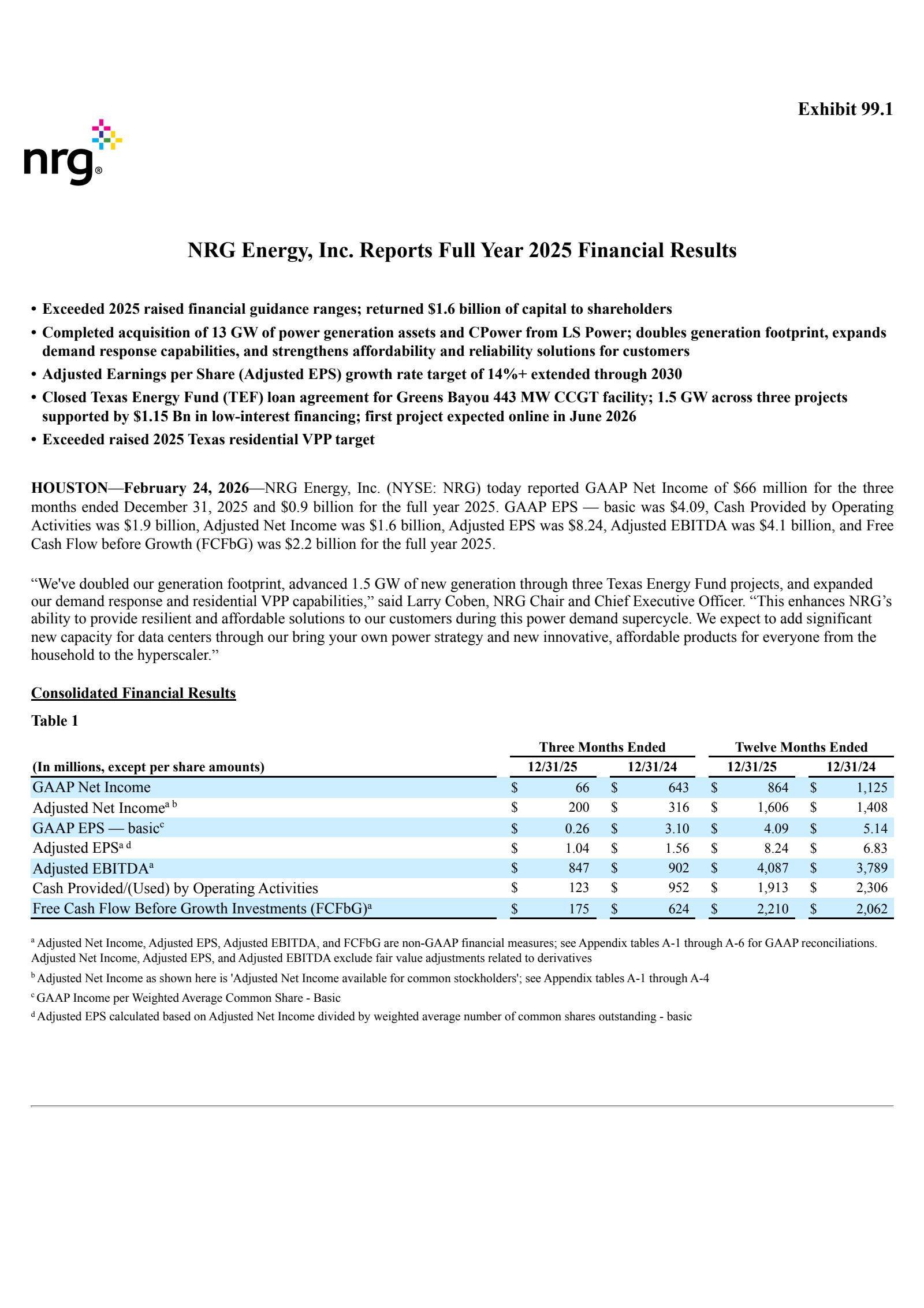 NRG Energy's Q4 2025 Press Release