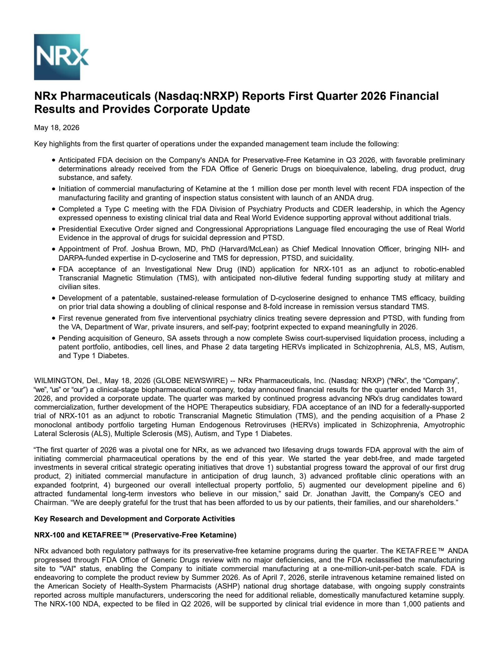 NRx Pharmaceuticals' Q1 2026 Press Release