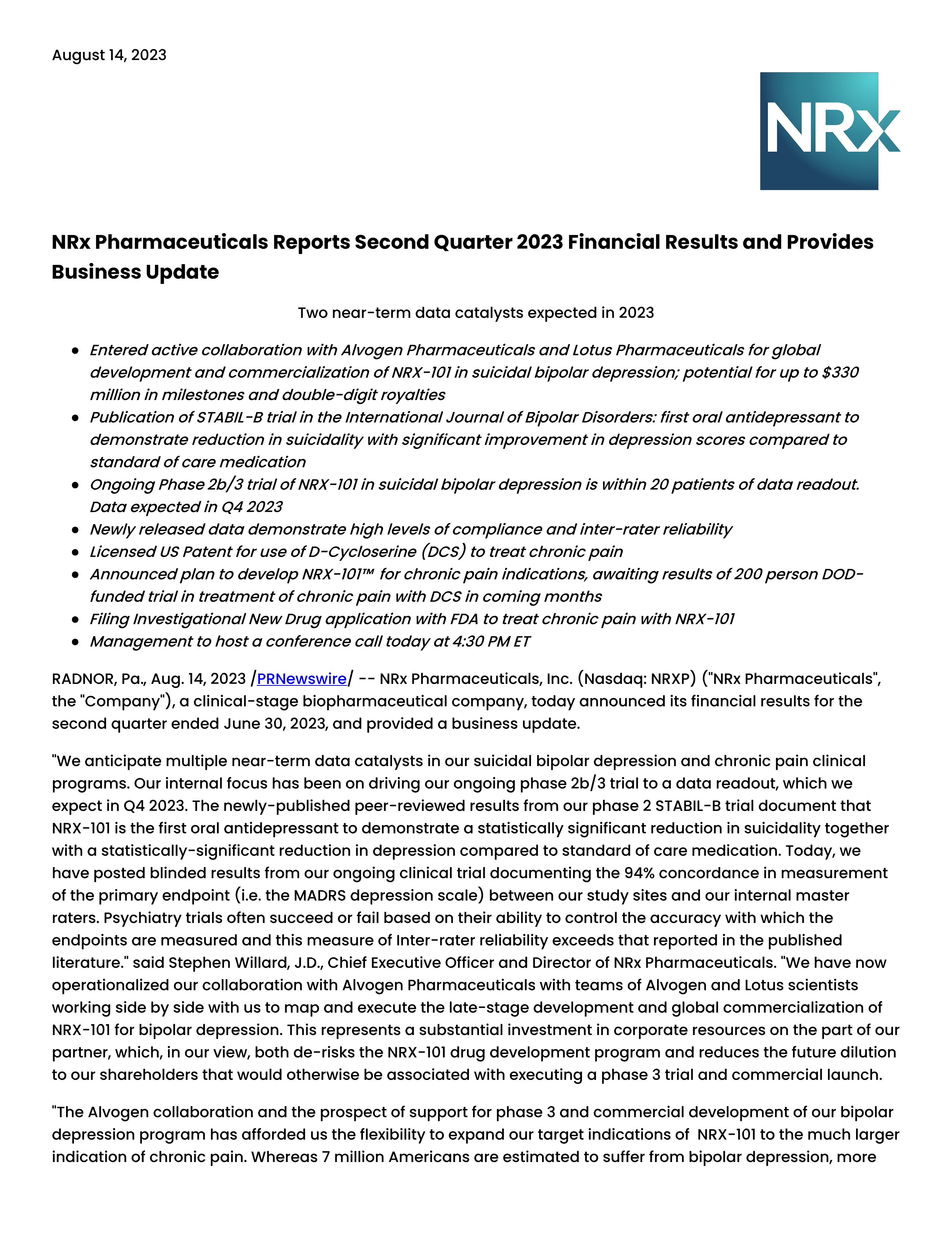 NRx Pharmaceuticals' Q2 2023 Press Release