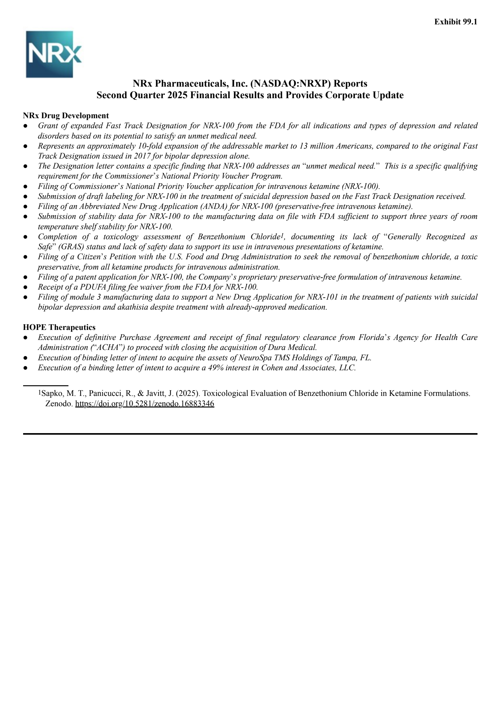 NRx Pharmaceuticals' Q2 2025 Press Release