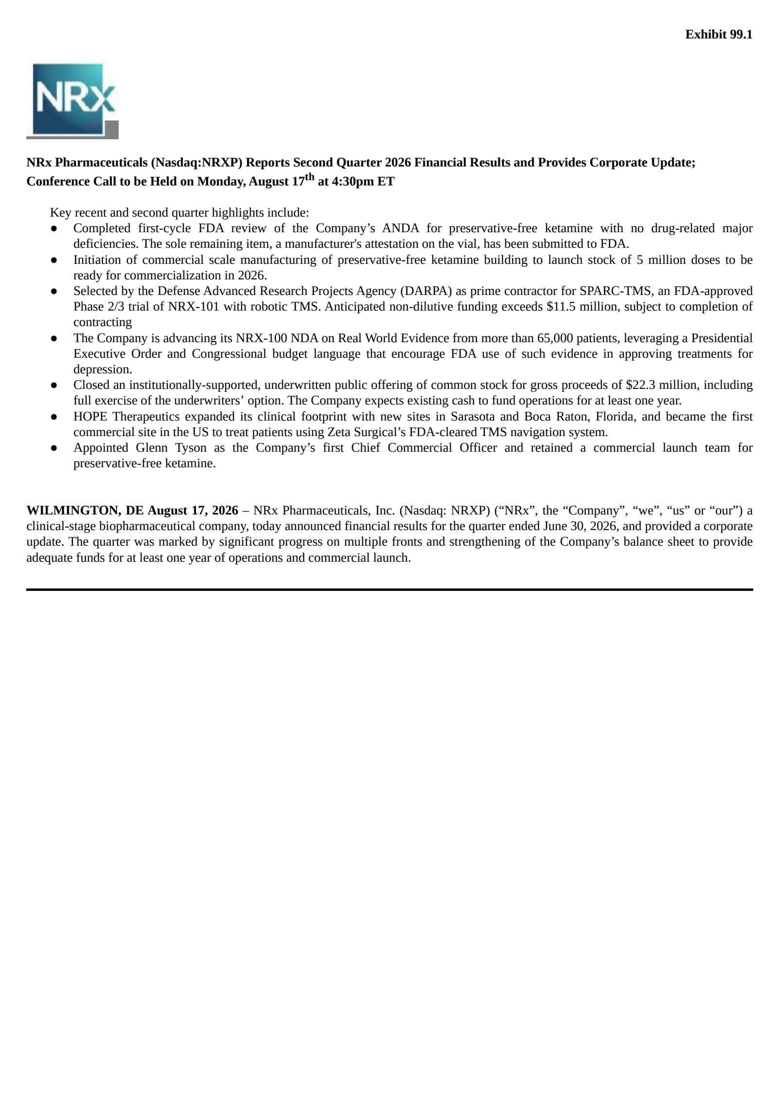 NRx Pharmaceuticals' Q2 2026 Press Release