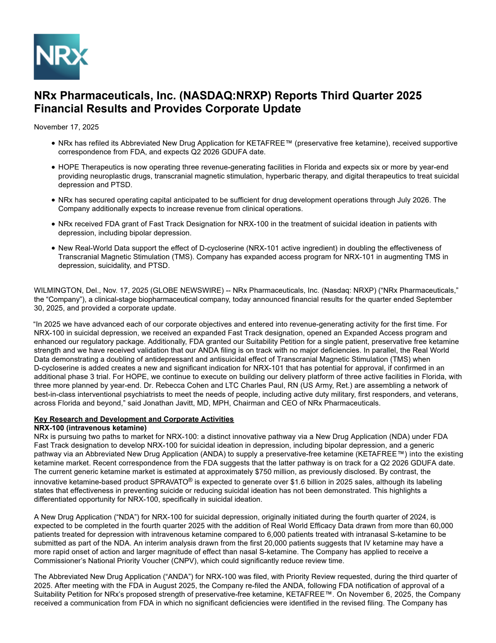 NRx Pharmaceuticals' Q3 2025 Earnings Release