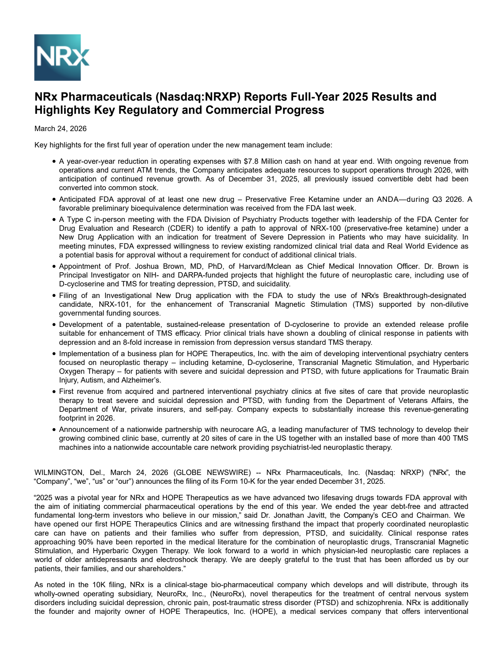 NRx Pharmaceuticals' Q4 2025 Press Release