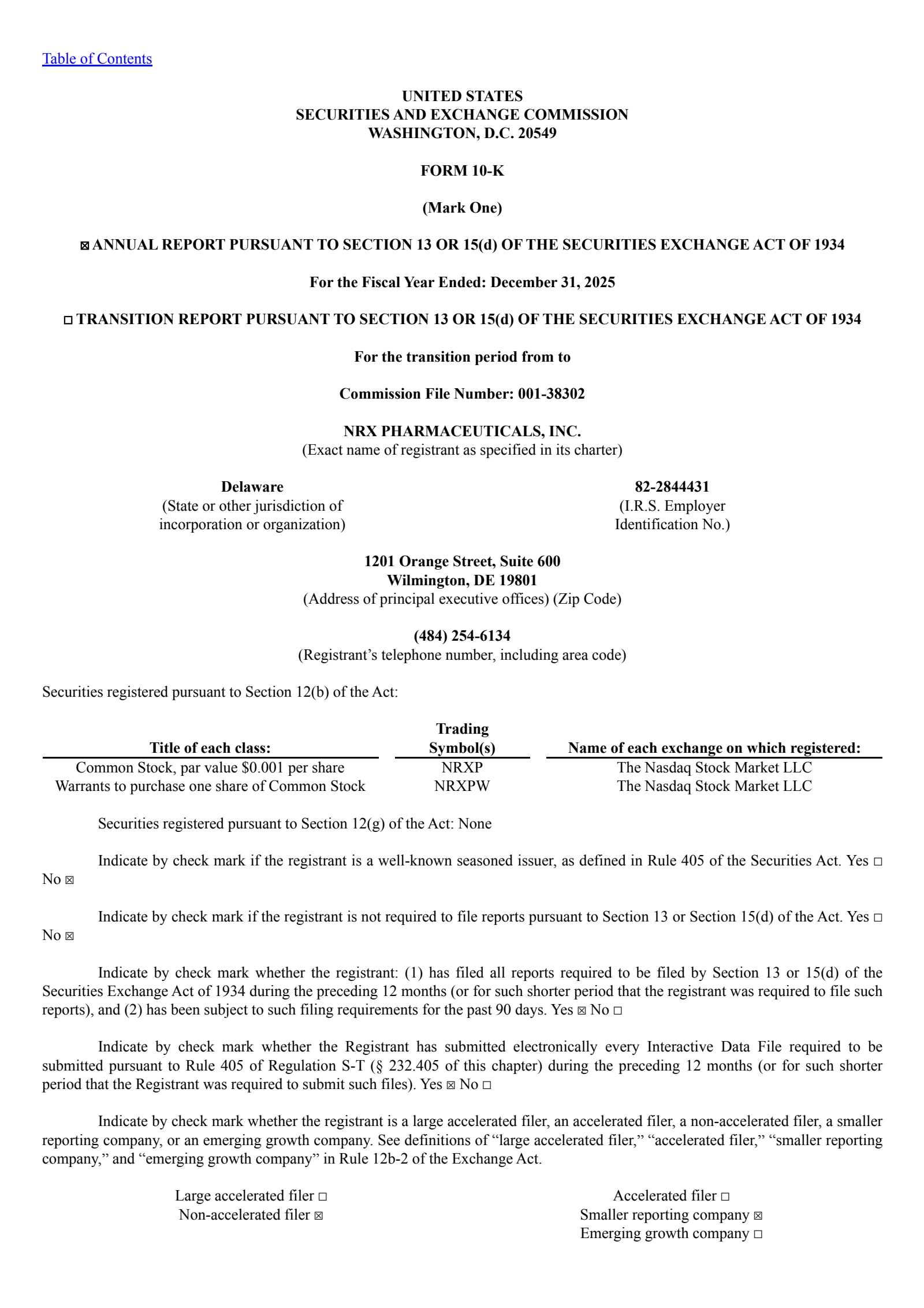 NRx Pharmaceuticals' Q4 2025 Annual report