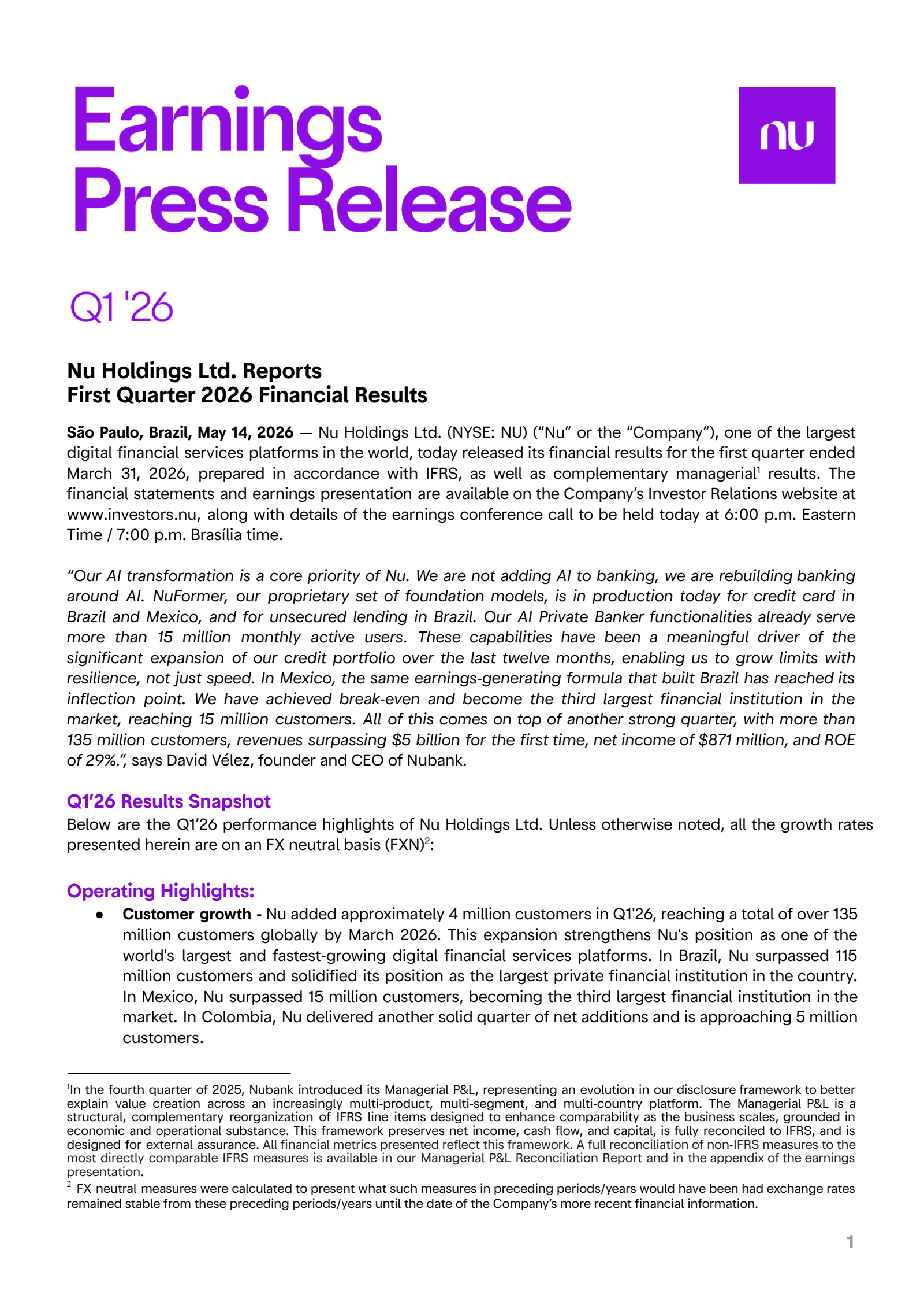 NU's Q1 2026 Press Release