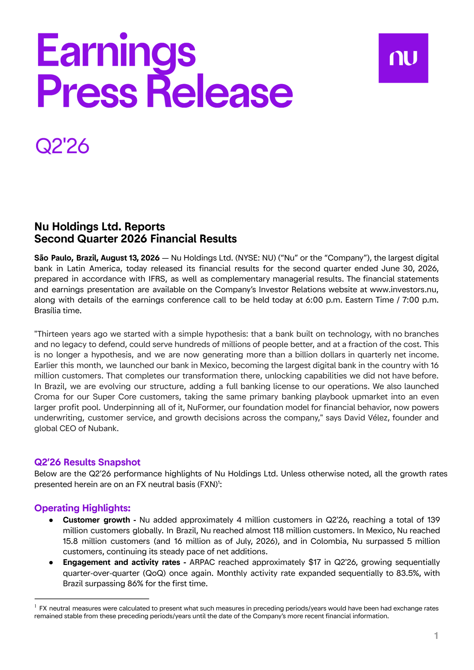 NU's Q2 2026 Press Release