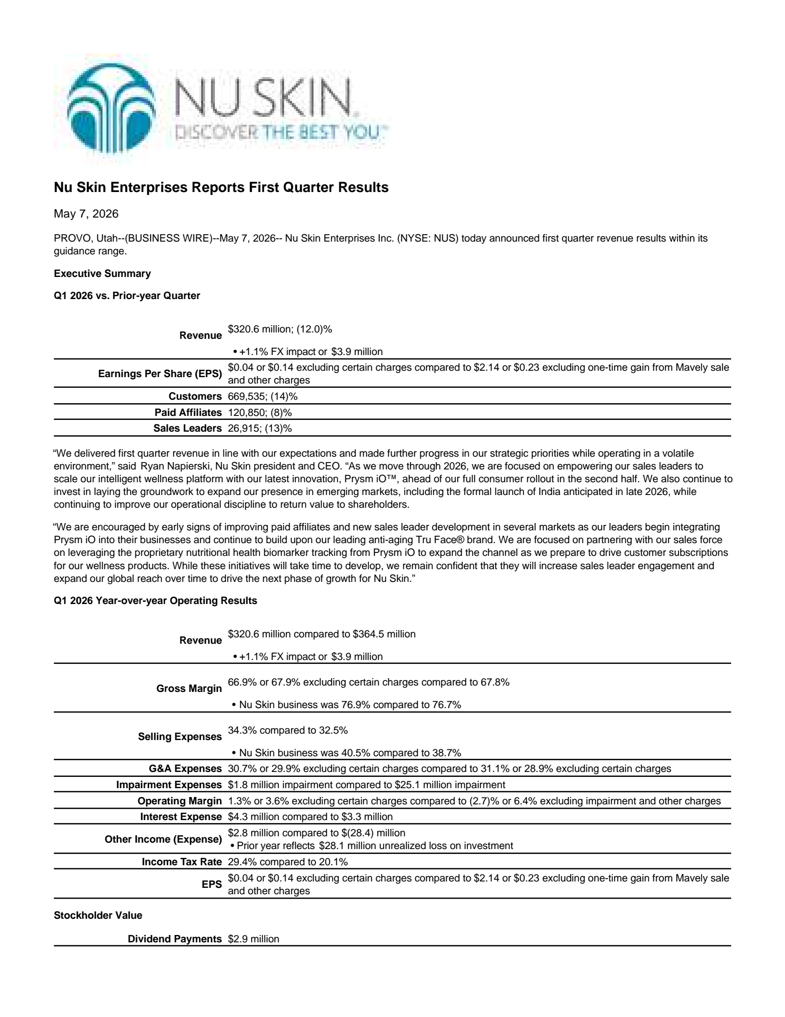 Nu Skin Enterprises' Q1 2026 Press Release