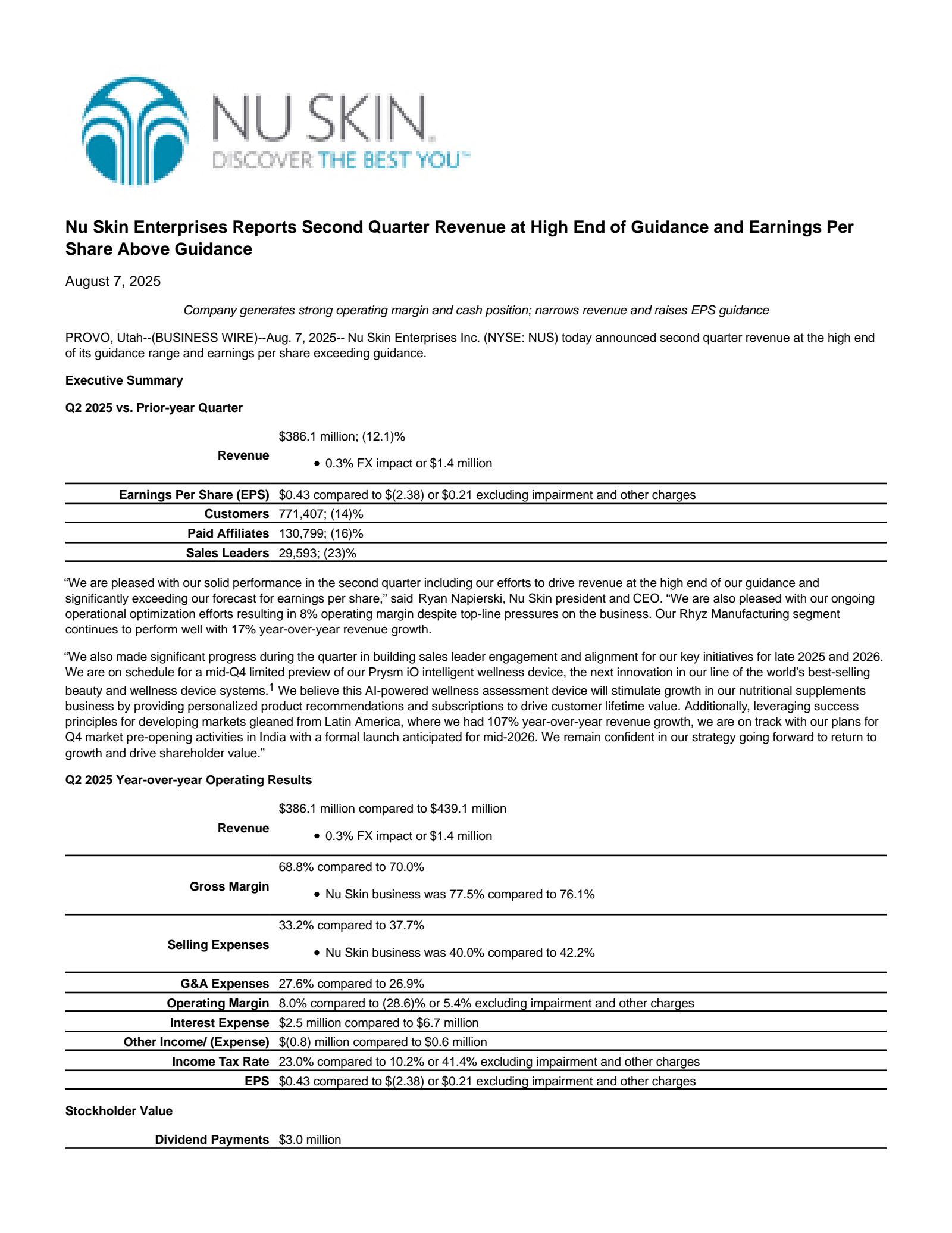 Nu Skin Enterprises' Q2 2025 Press Release