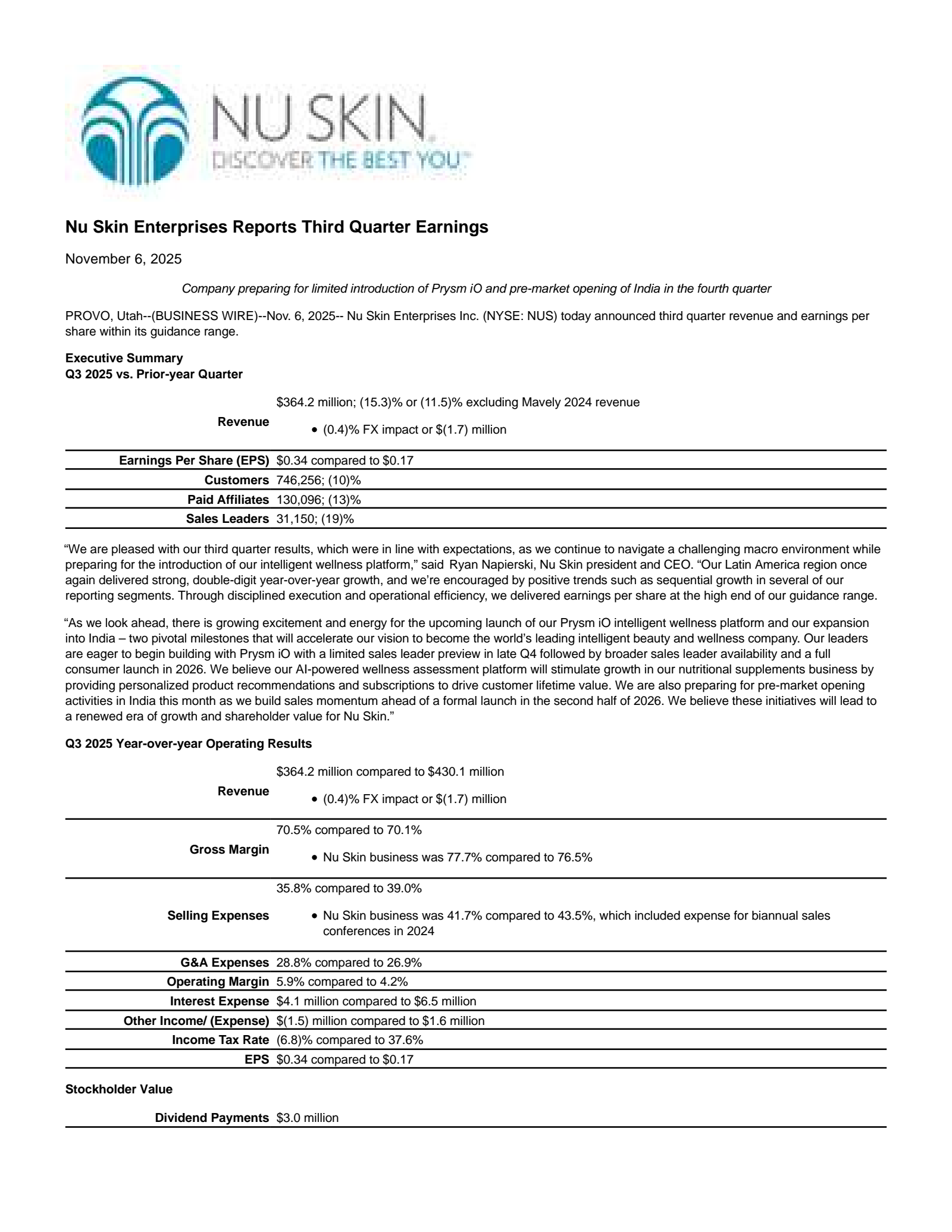 Nu Skin Enterprises' Q3 2025 Earnings Release