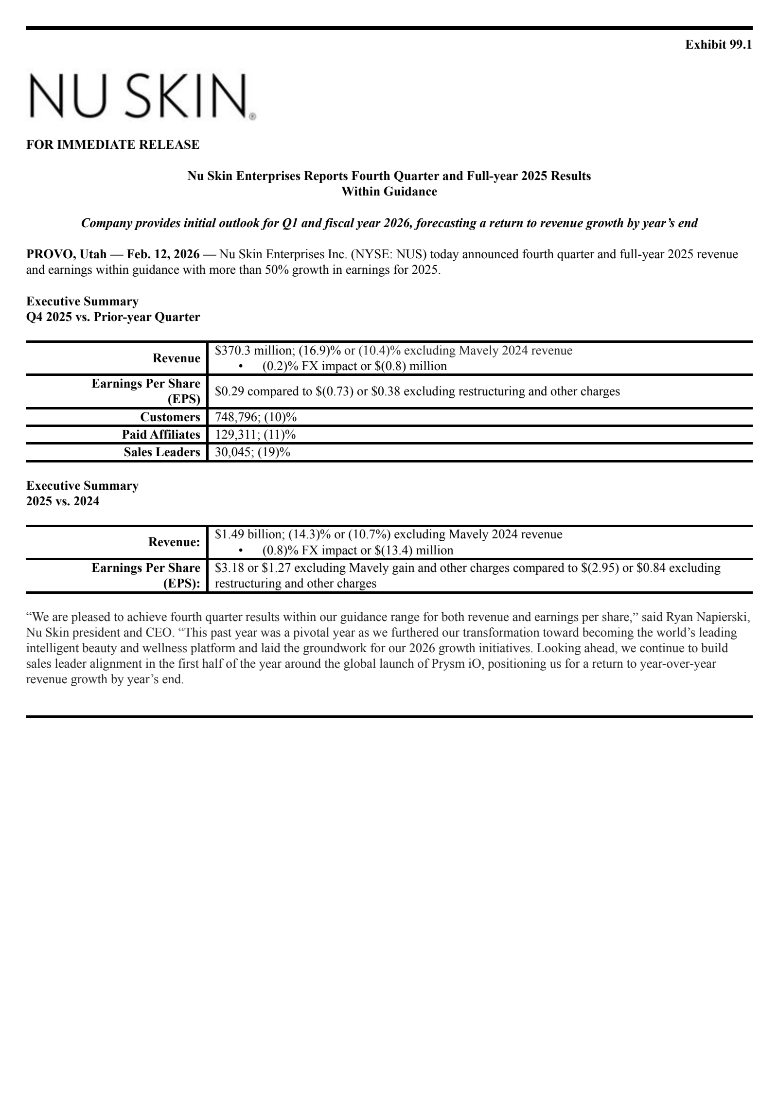 Nu Skin Enterprises' Q4 2025 Press Release