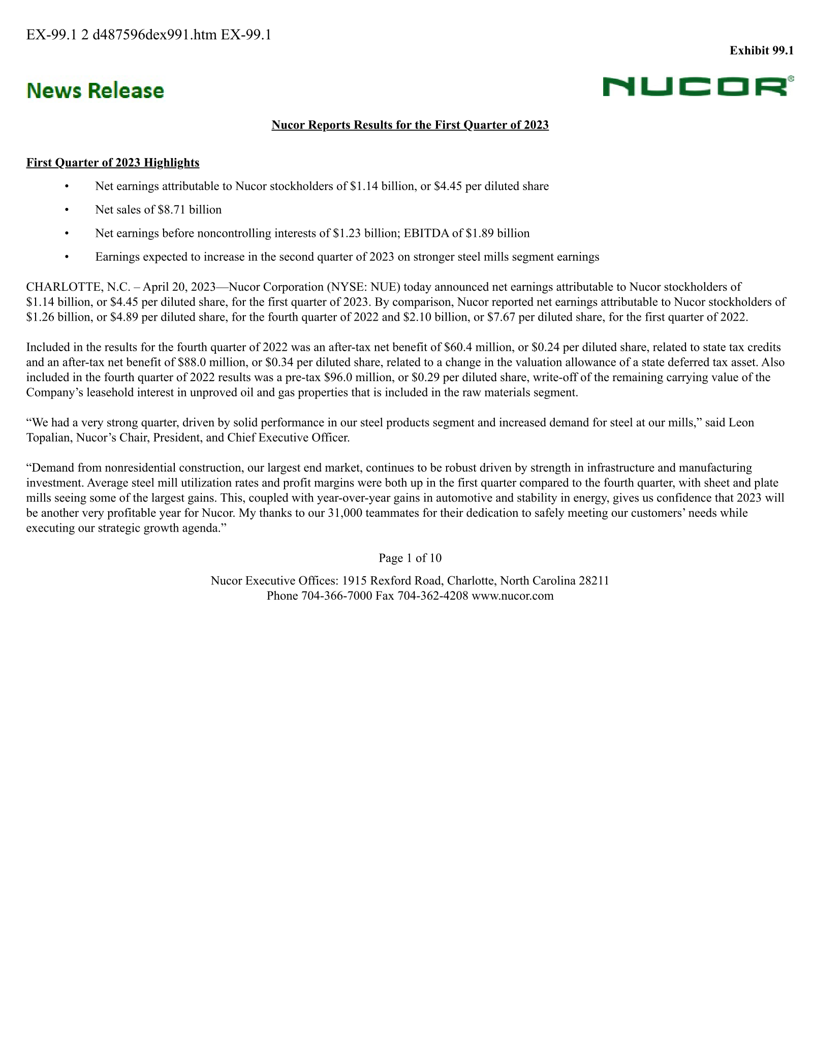 Nucor's Q1 2023 Press Release