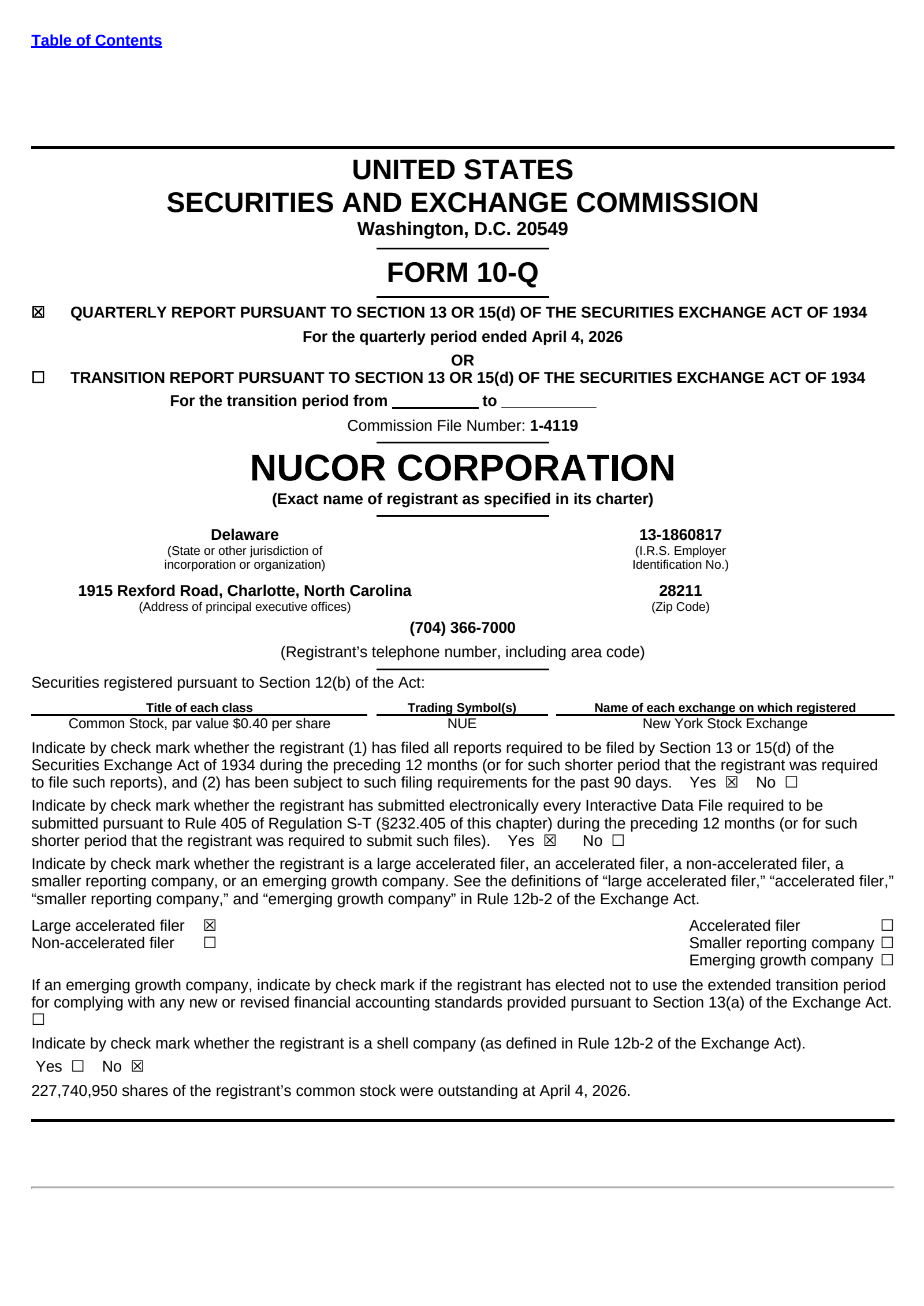Nucor's Q1 2026 Quarterly report