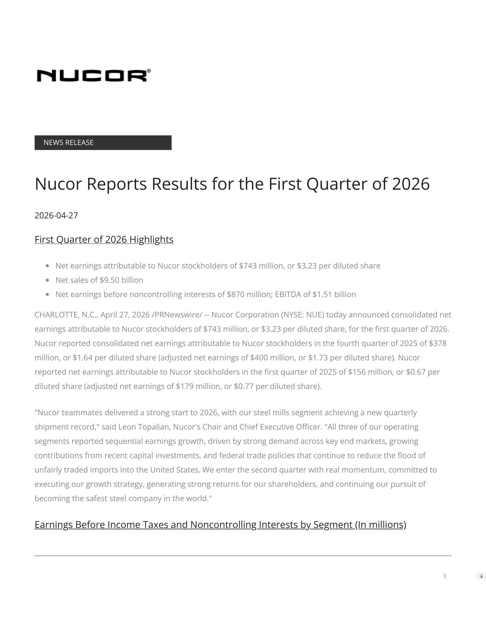 Nucor's Q1 2026 Press Release