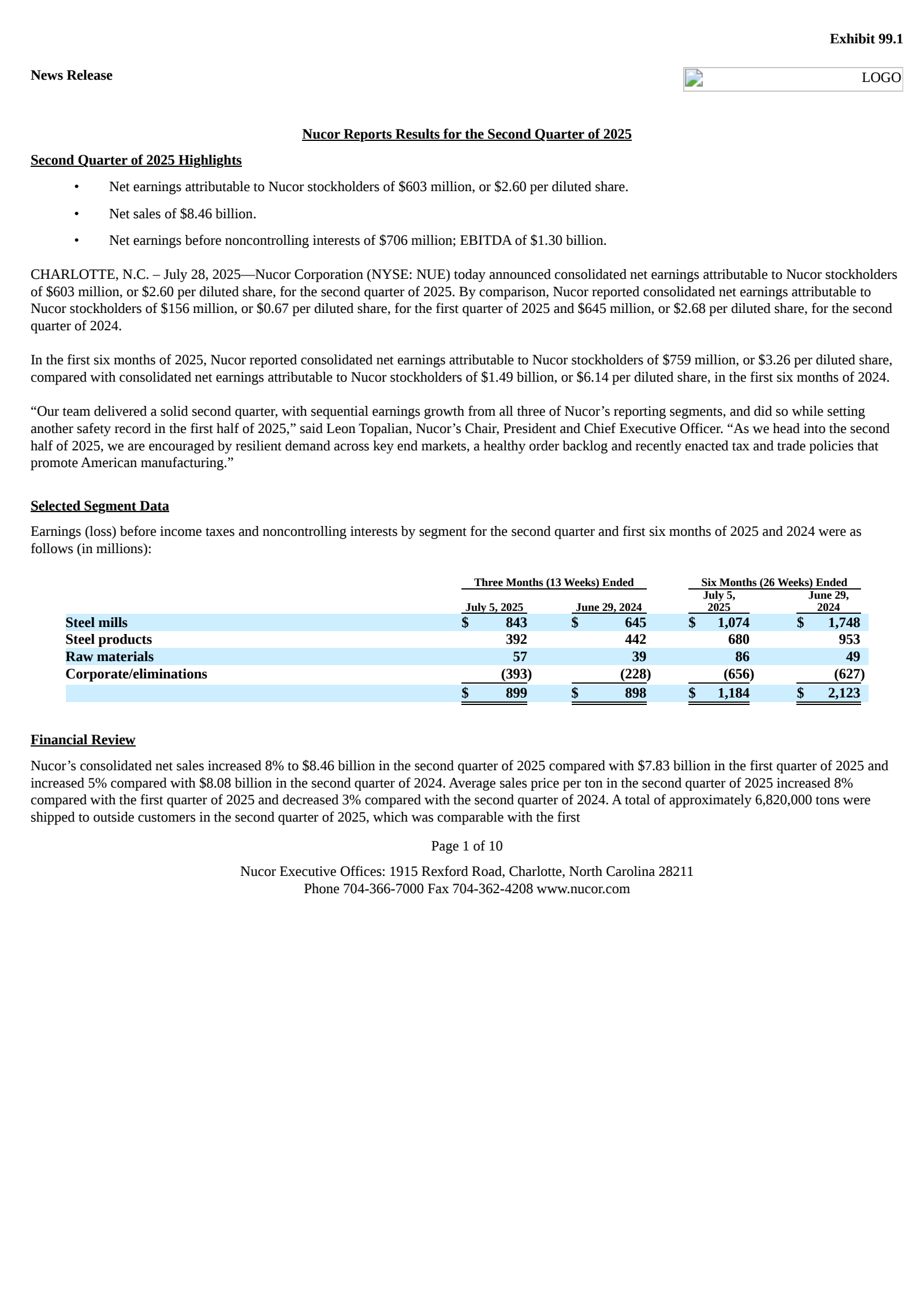 Nucor's Q2 2025 Press Release