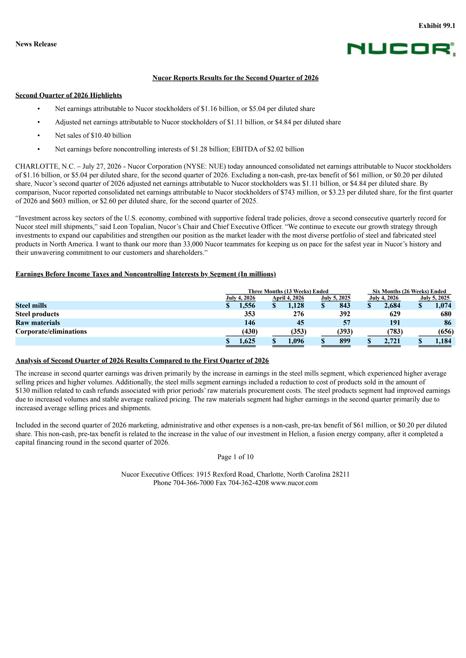 Nucor's Q2 2026 Press Release