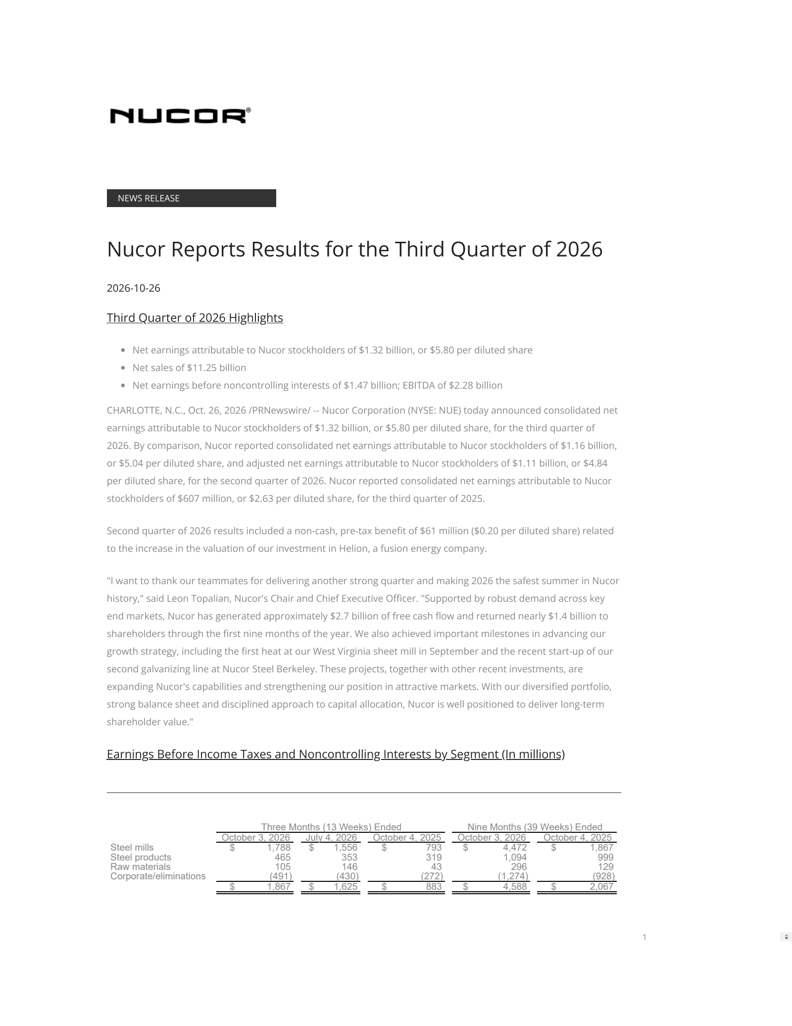 Nucor's Q3 2026 Press Release