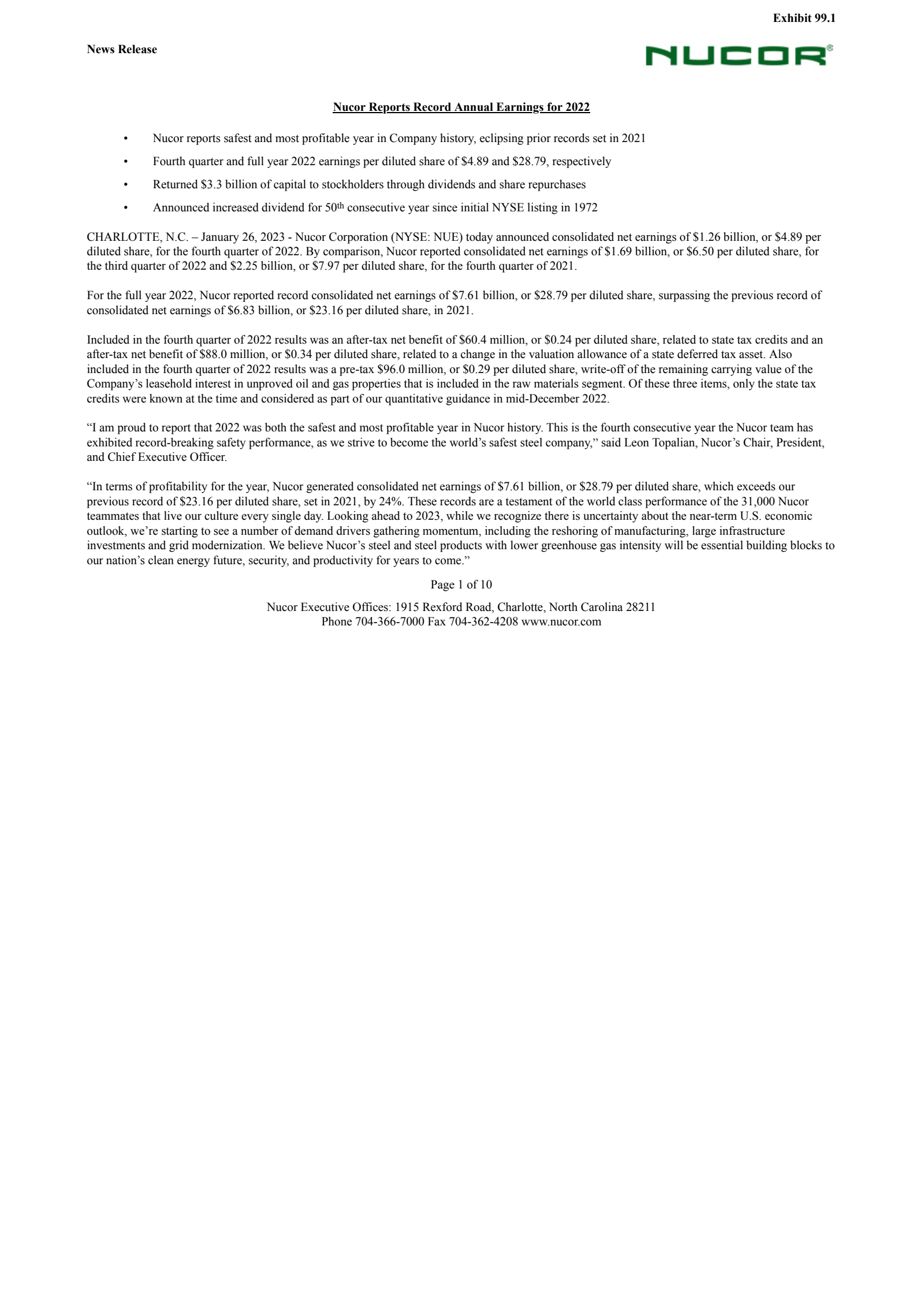 Nucor's Q4 2022 Earnings Release