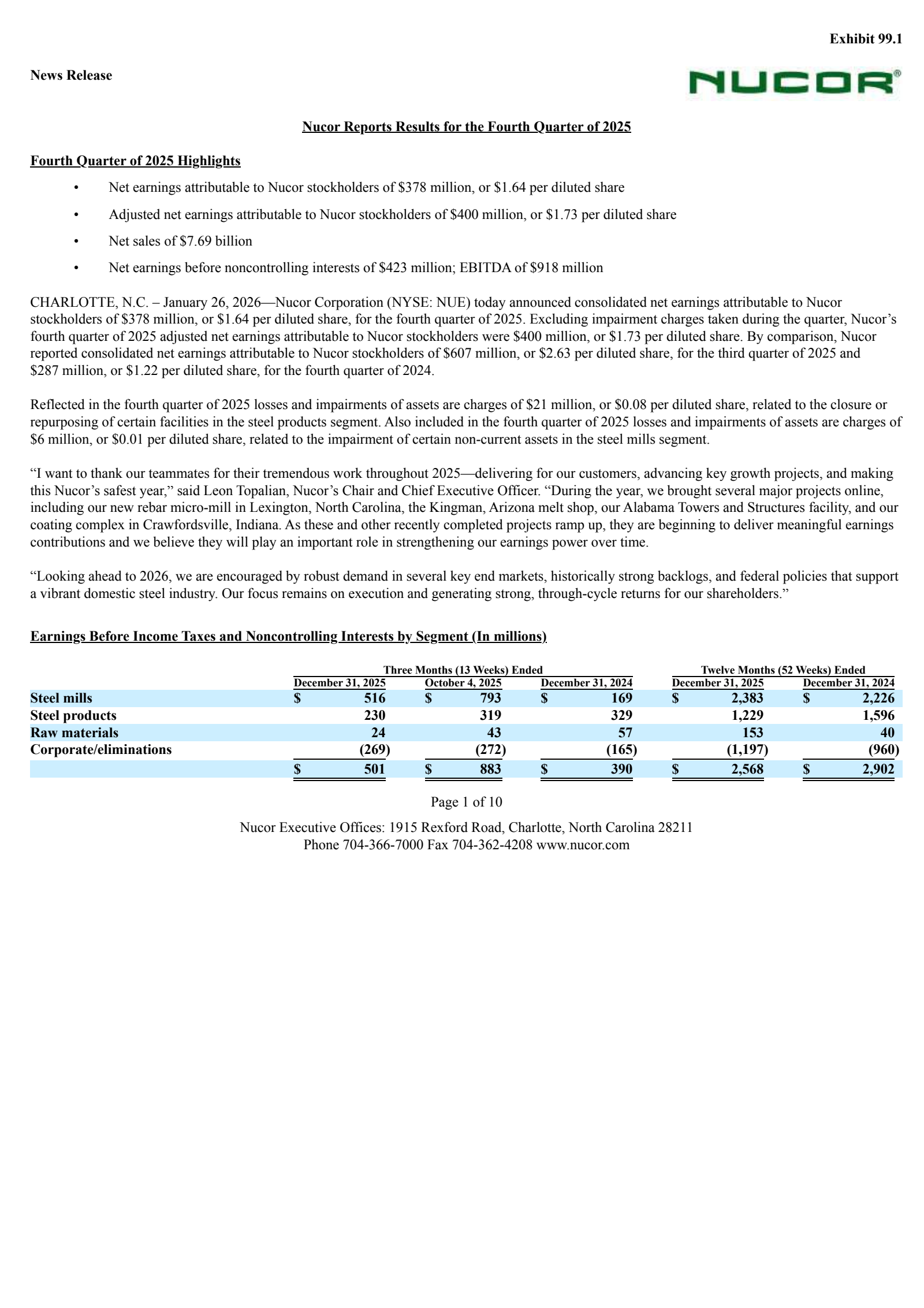 Nucor's Q4 2025 Press Release