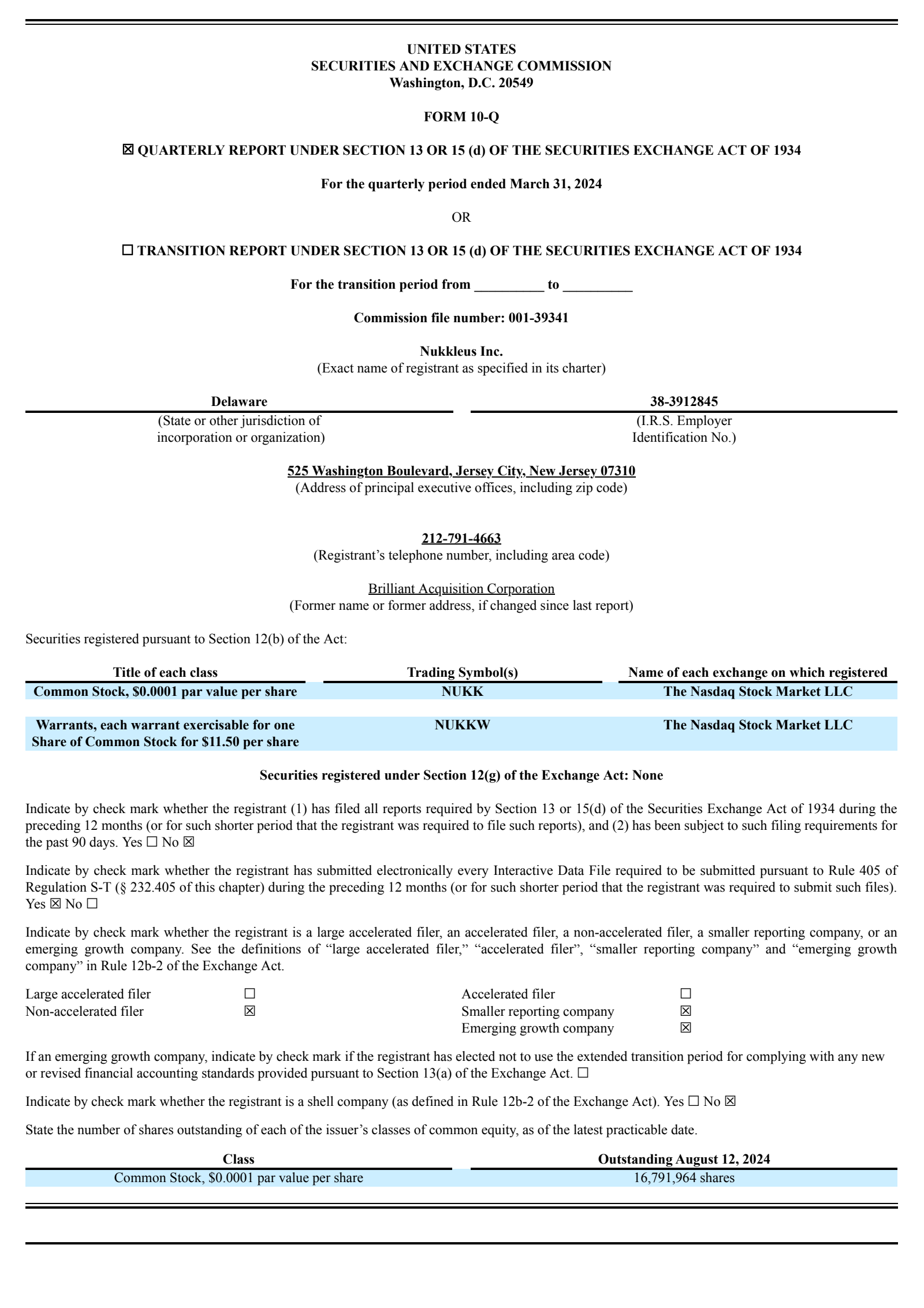 Nukkleus' Q1 2024 Quarterly Report