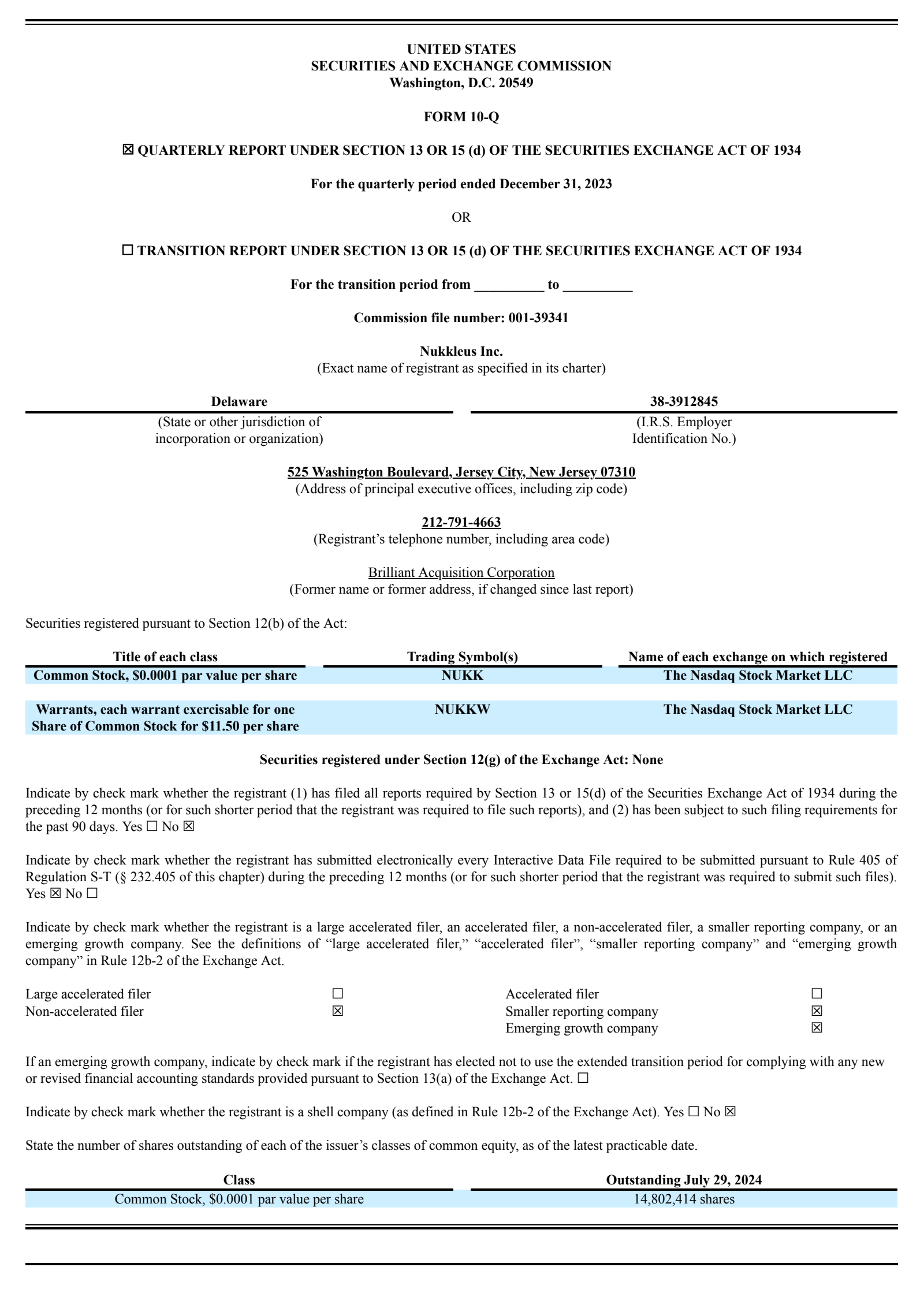 Nukkleus' Q1 2024 Quarterly Report