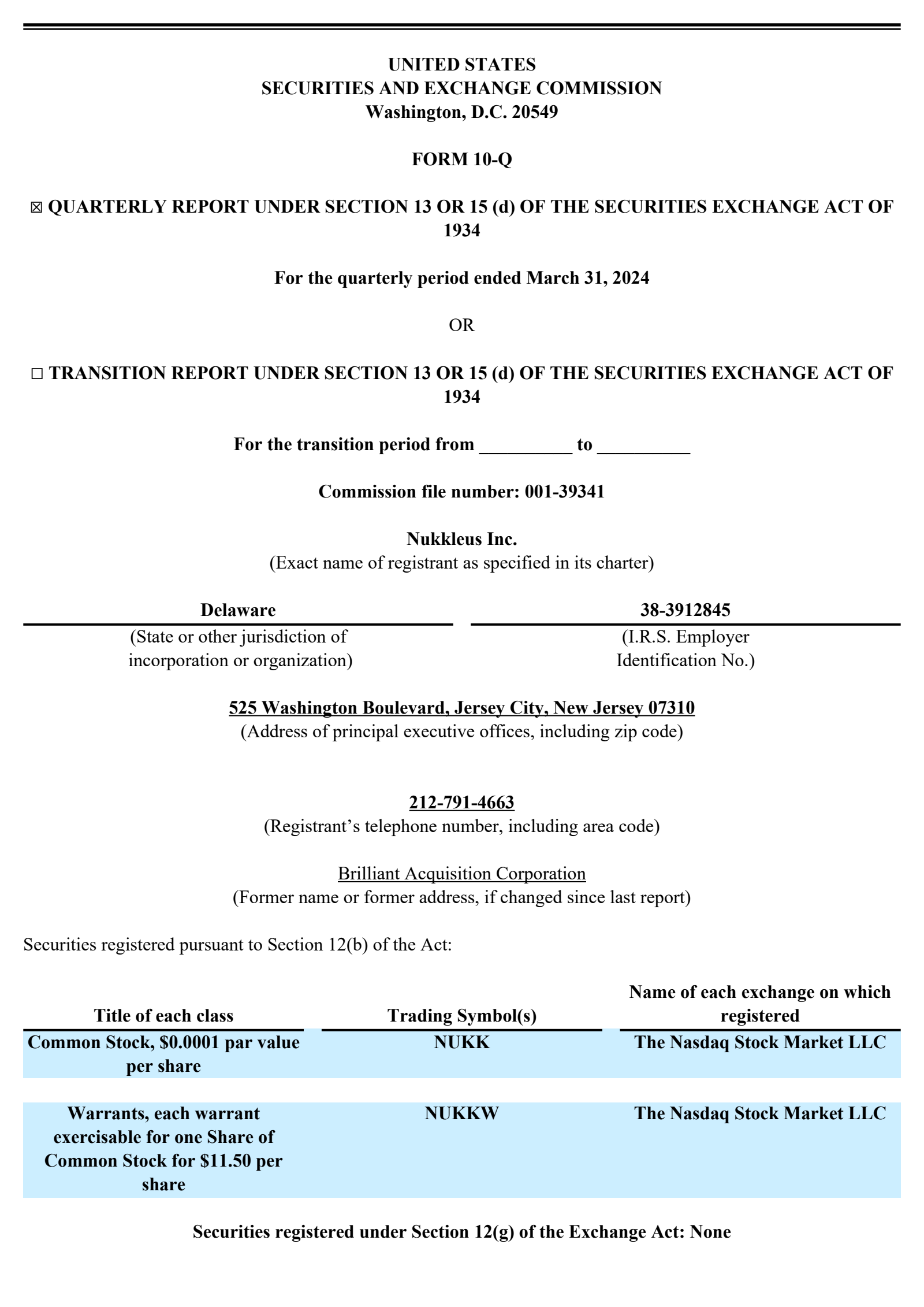 Nukkleus' Q1 2024 Press Release