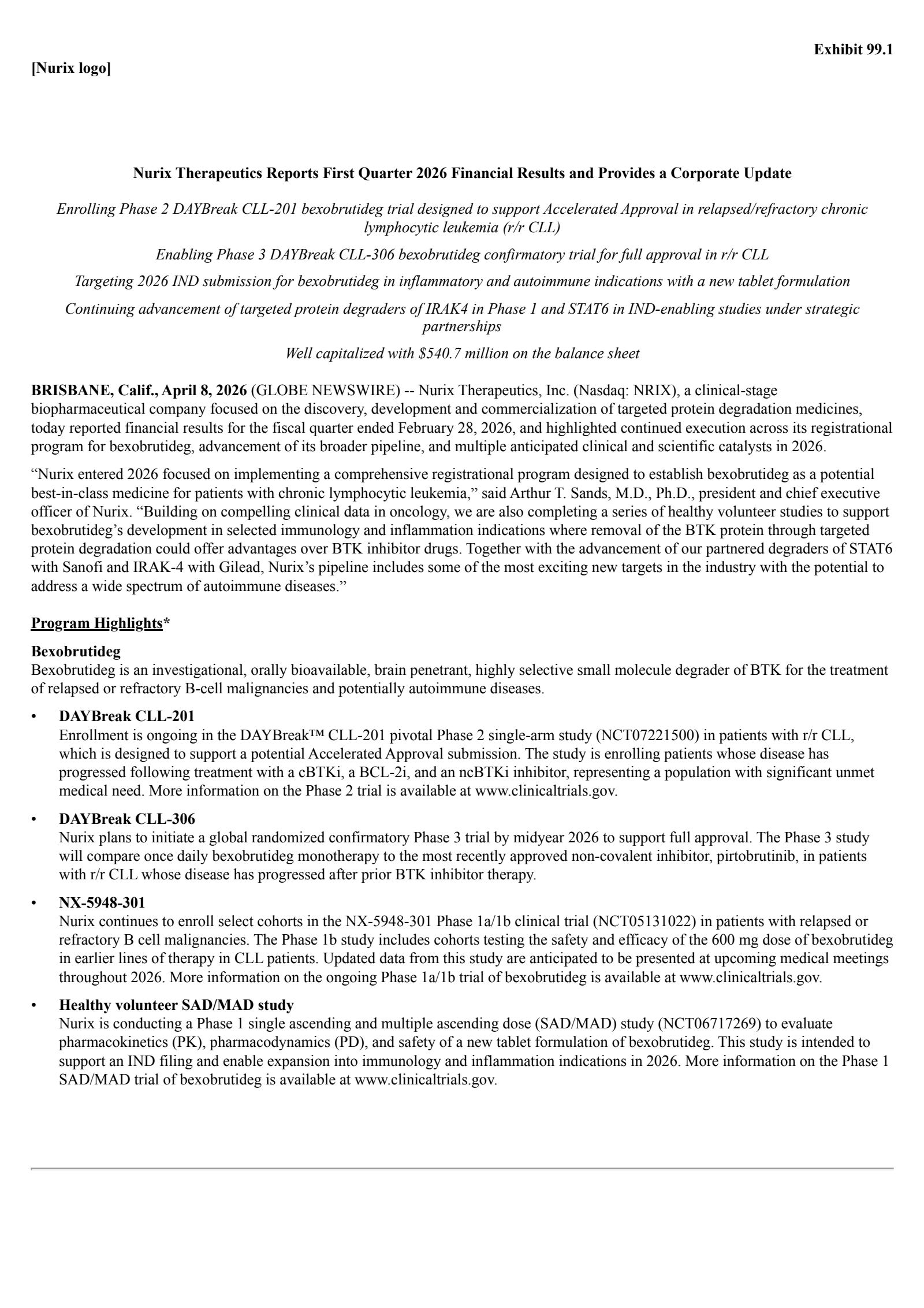 Nurix Therapeutics' Q1 2026 Press Release
