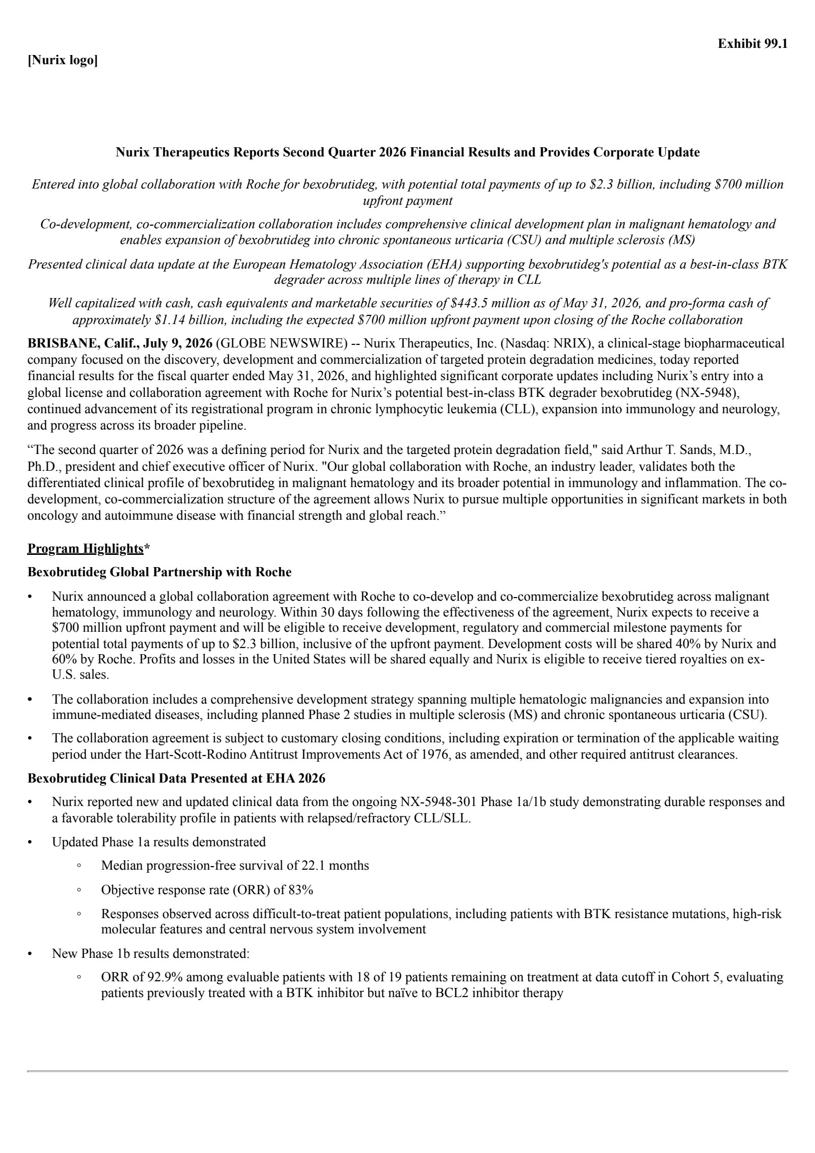 Nurix Therapeutics' Q2 2026 Press Release