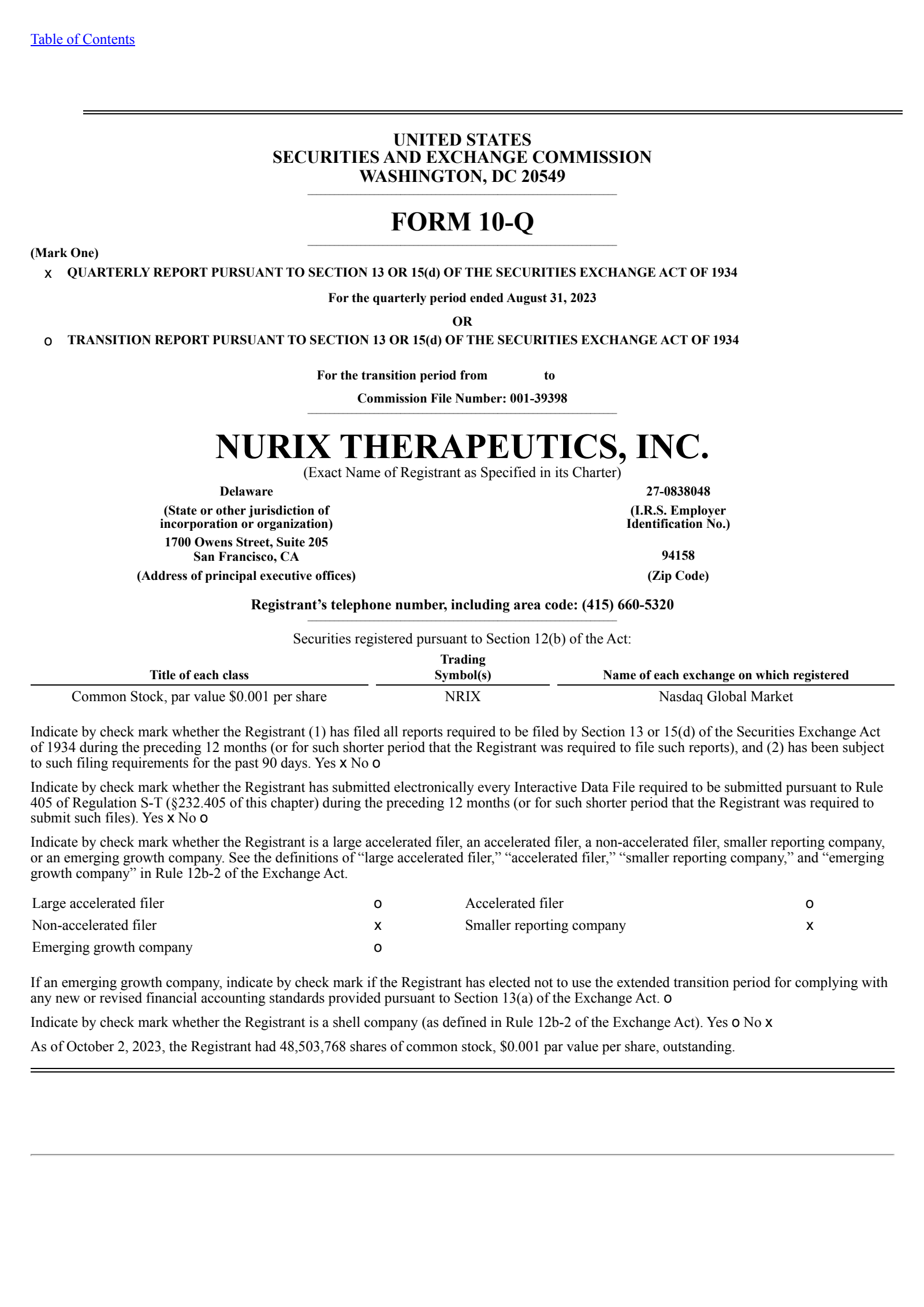 Nurix Therapeutics' Q3 2023 Quarterly report