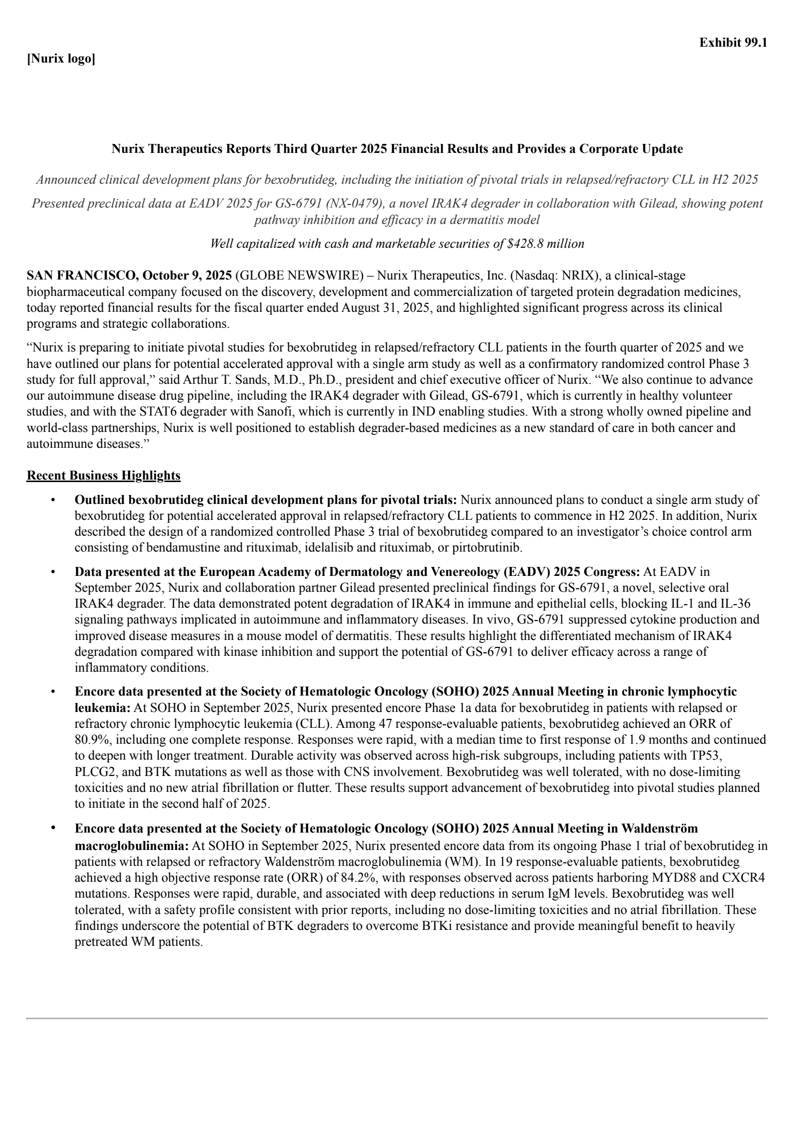Nurix Therapeutics' Q3 2025 Earnings Release
