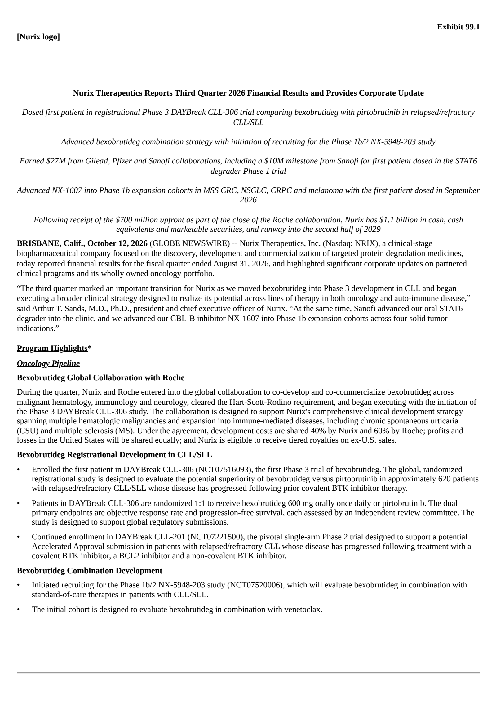 Nurix Therapeutics' Q3 2026 Press Release