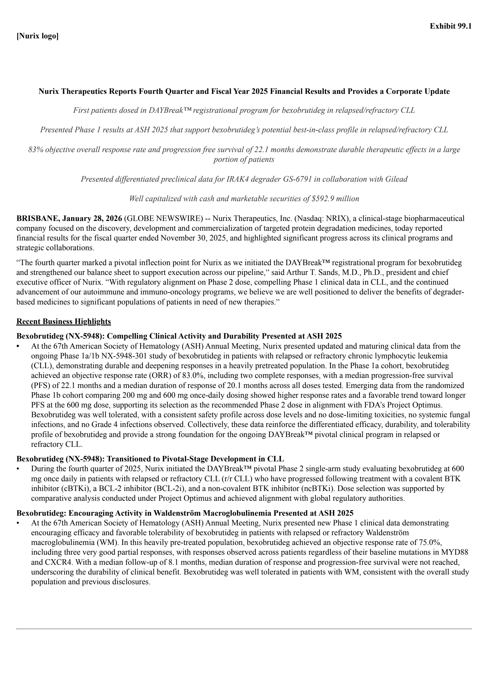 Nurix Therapeutics' Q4 2025 Press Release