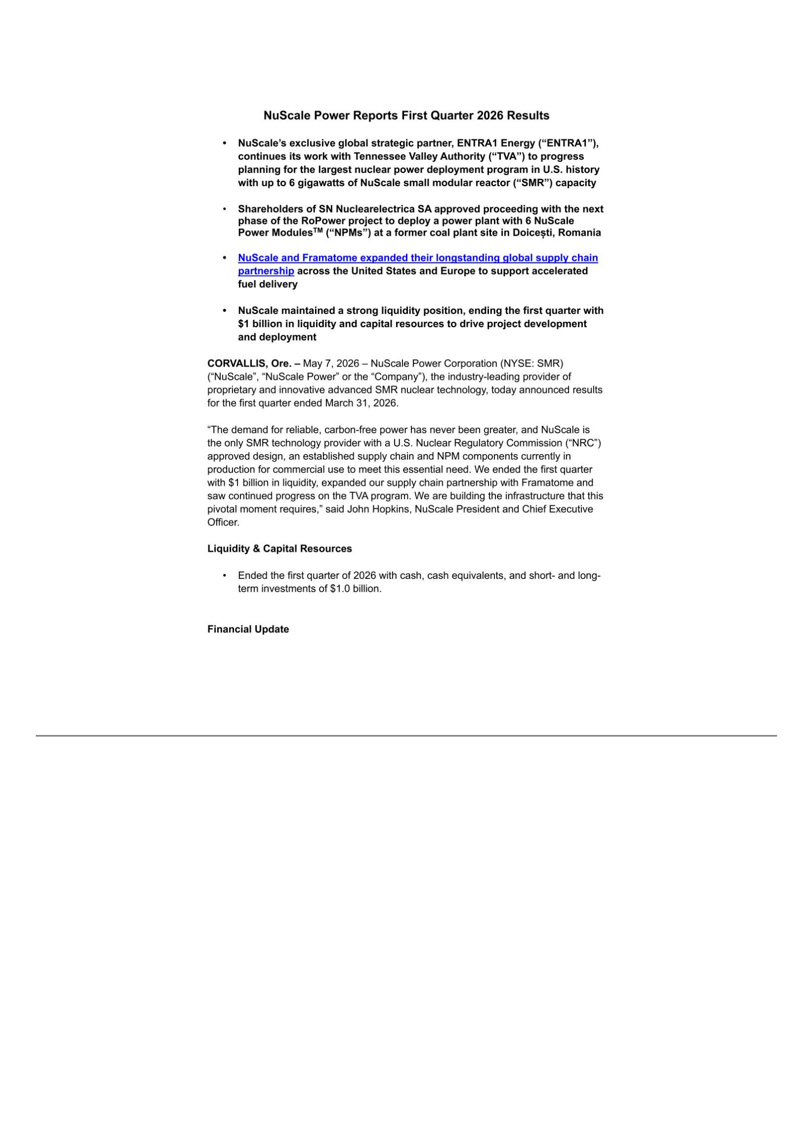 NuScale Power's Q1 2026 Press Release