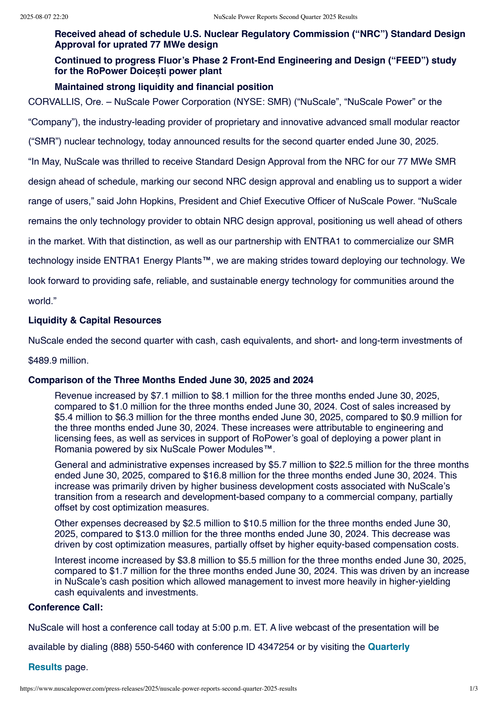 NuScale Power's Q2 2025 Press Release