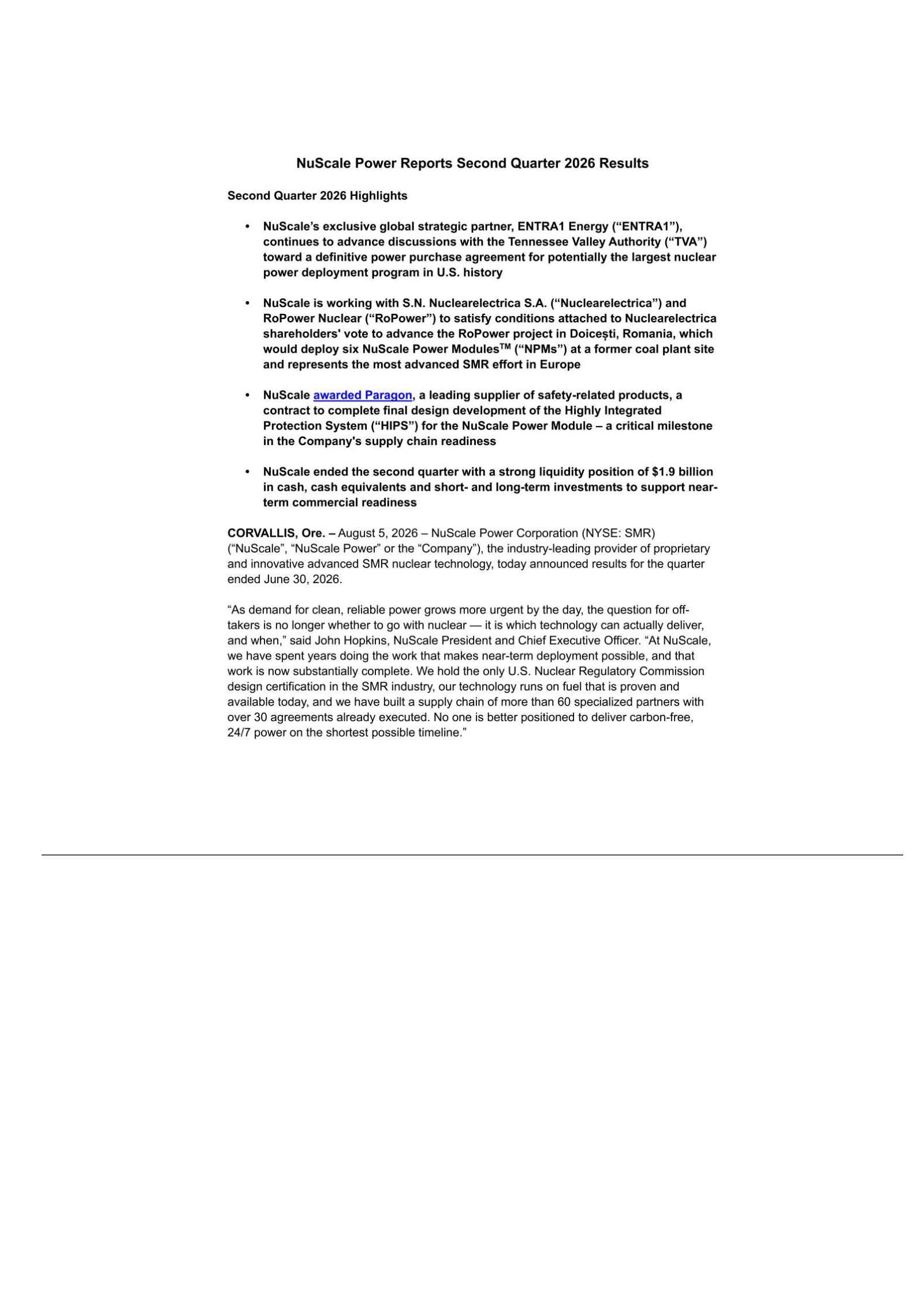 NuScale Power's Q2 2026 Press Release