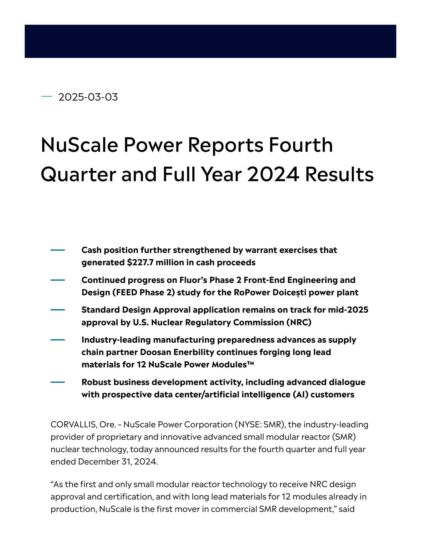 NuScale Power's Q4 2024 Press Release
