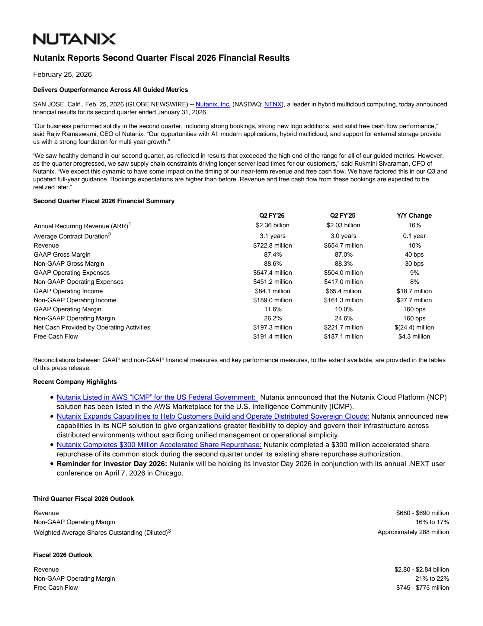 Nutanix's Q2 2026 Press Release