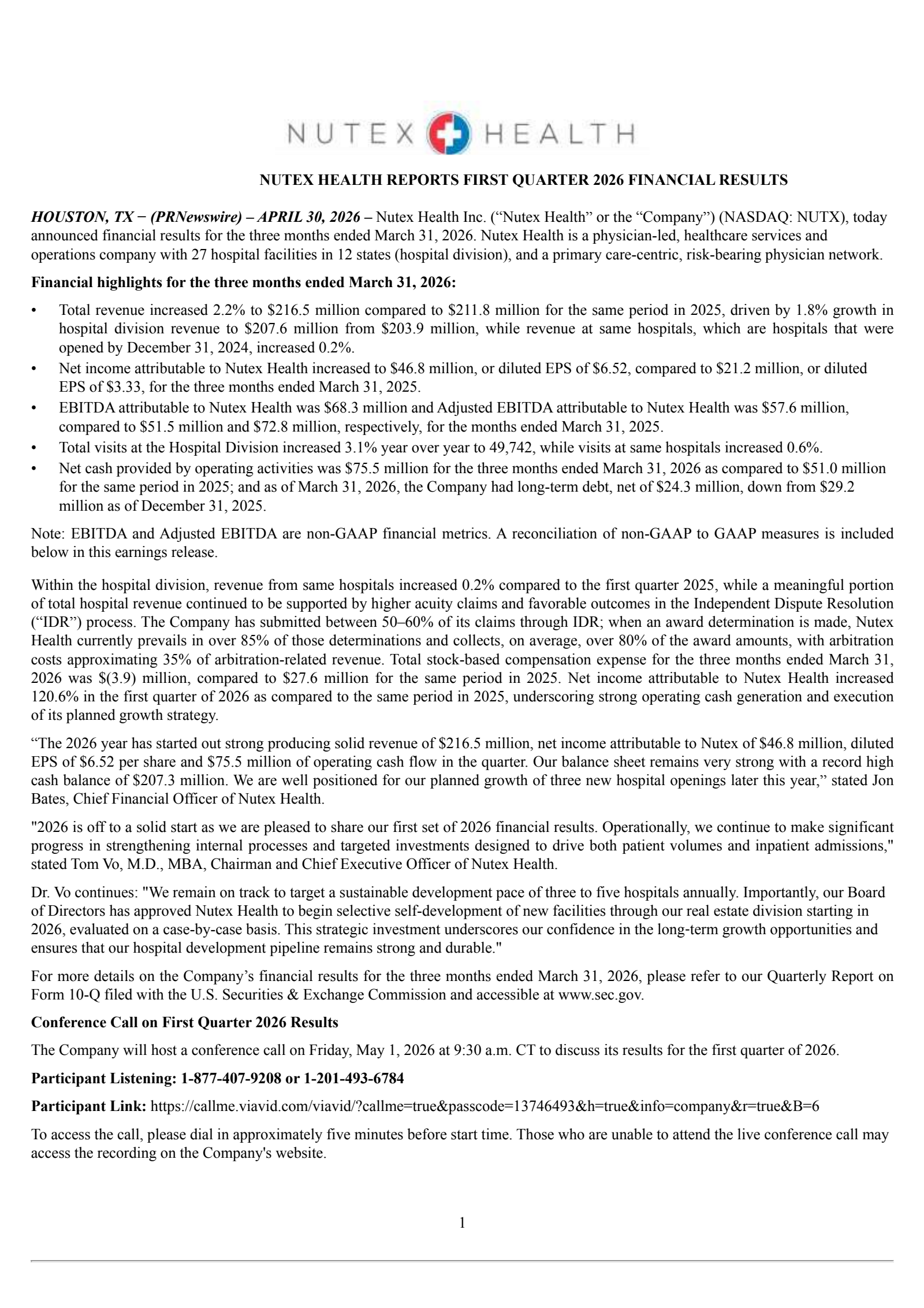 Nutex Health's Q1 2026 Press Release