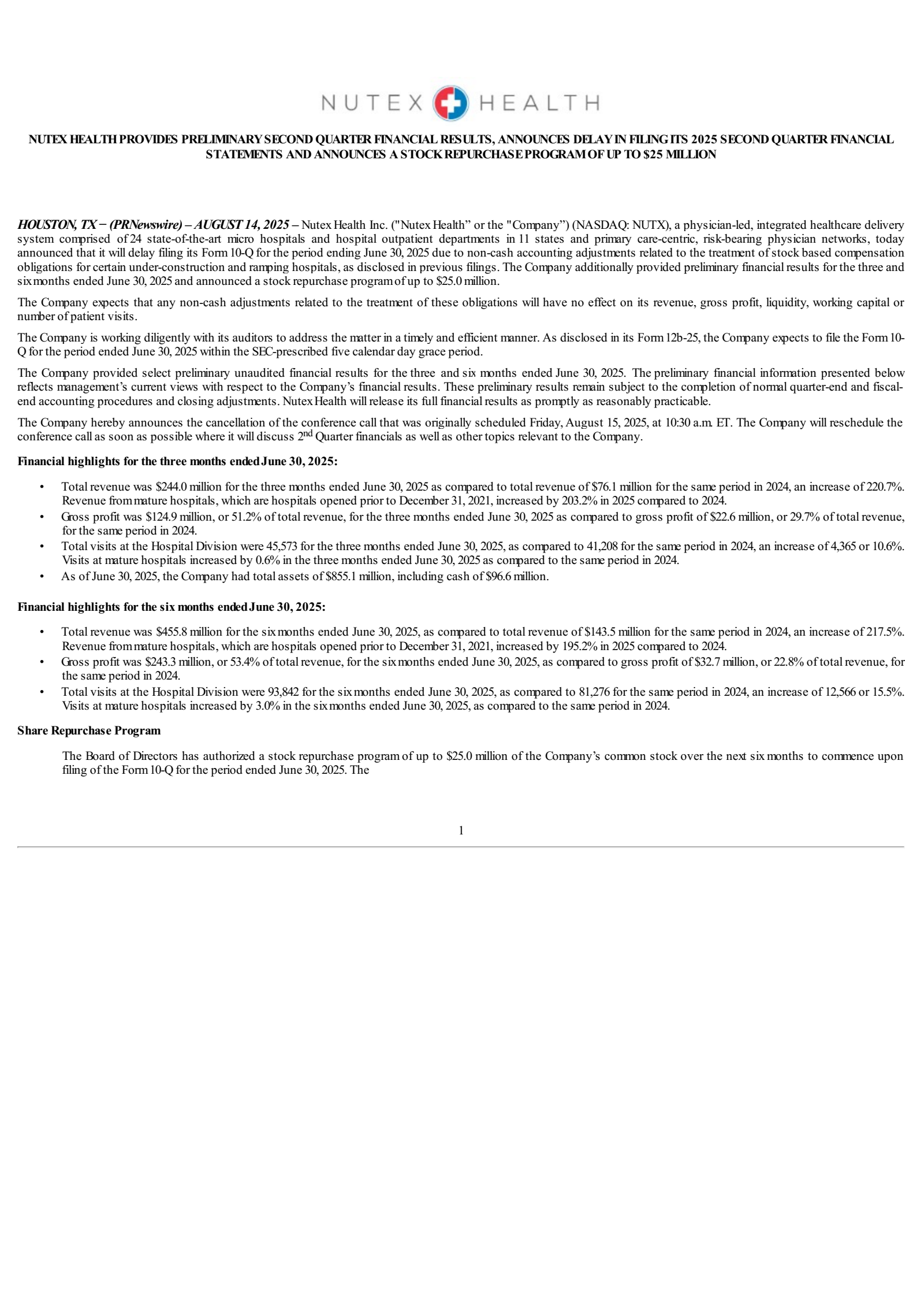 Nutex Health's Q2 2025 Press Release