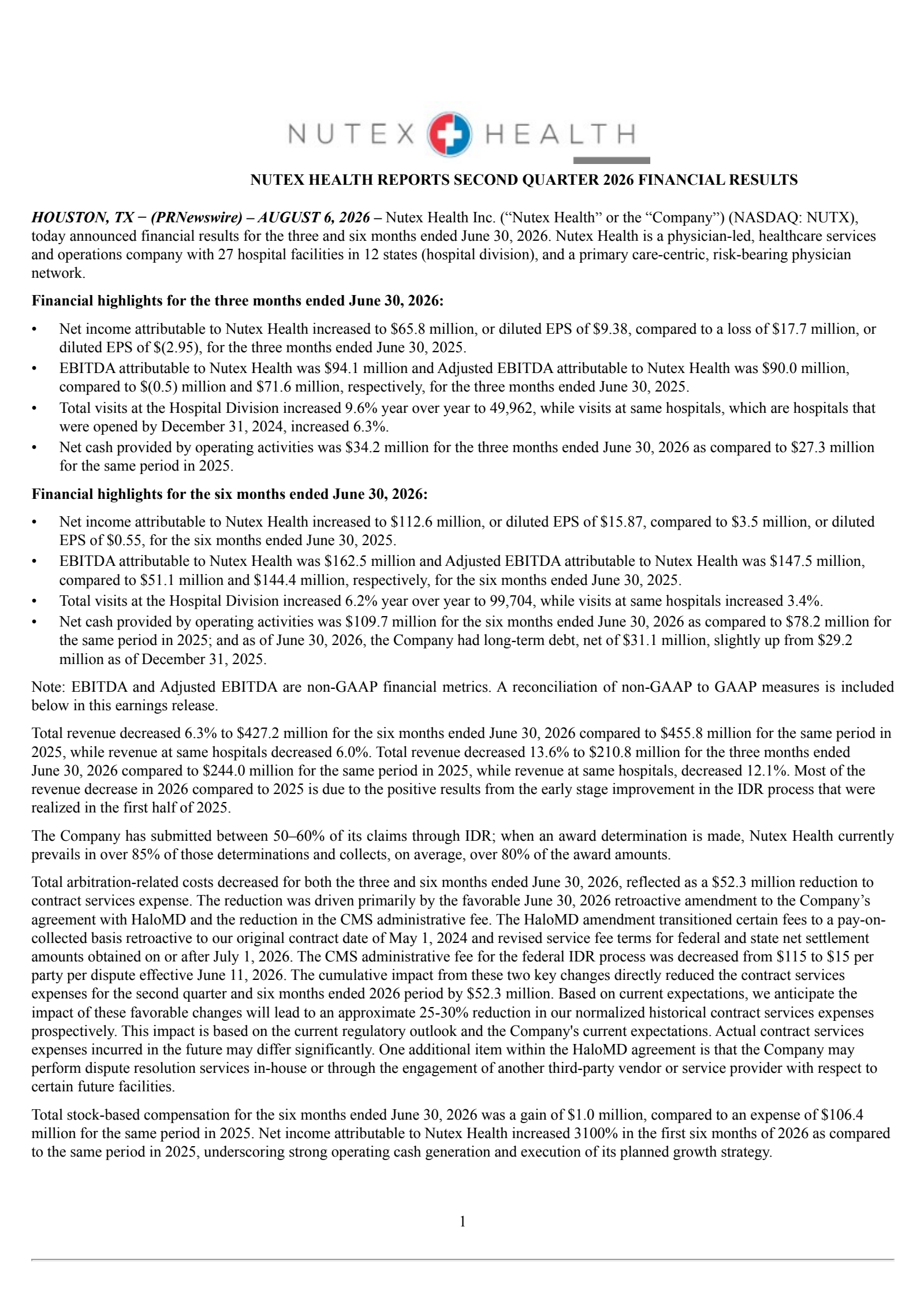 Nutex Health's Q2 2026 Press Release