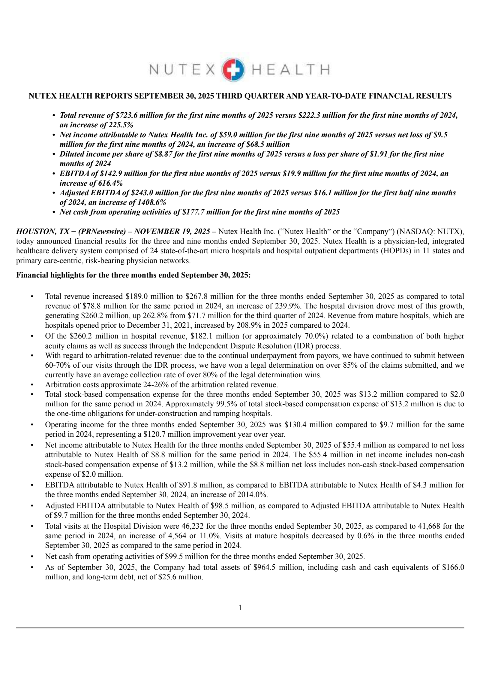 Nutex Health's Q3 2025 Earnings Release