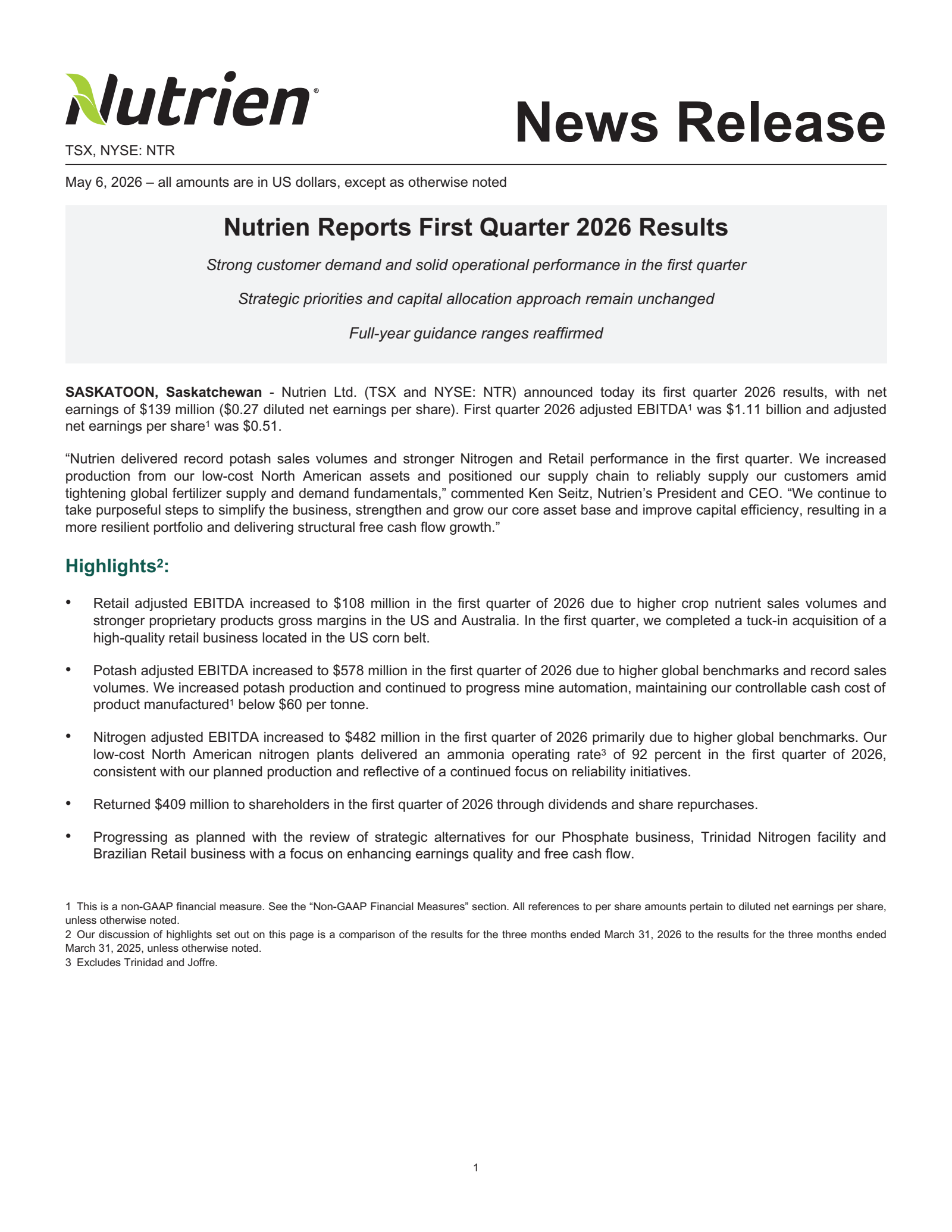 Nutrien's Q1 2026 Press Release